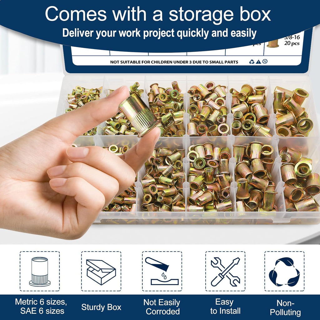 1/2''-13 UNC Rivet Nut, 10Pcs 304 Stainless Steel Flat Head Rivnut Threaded Insert Nutsert
