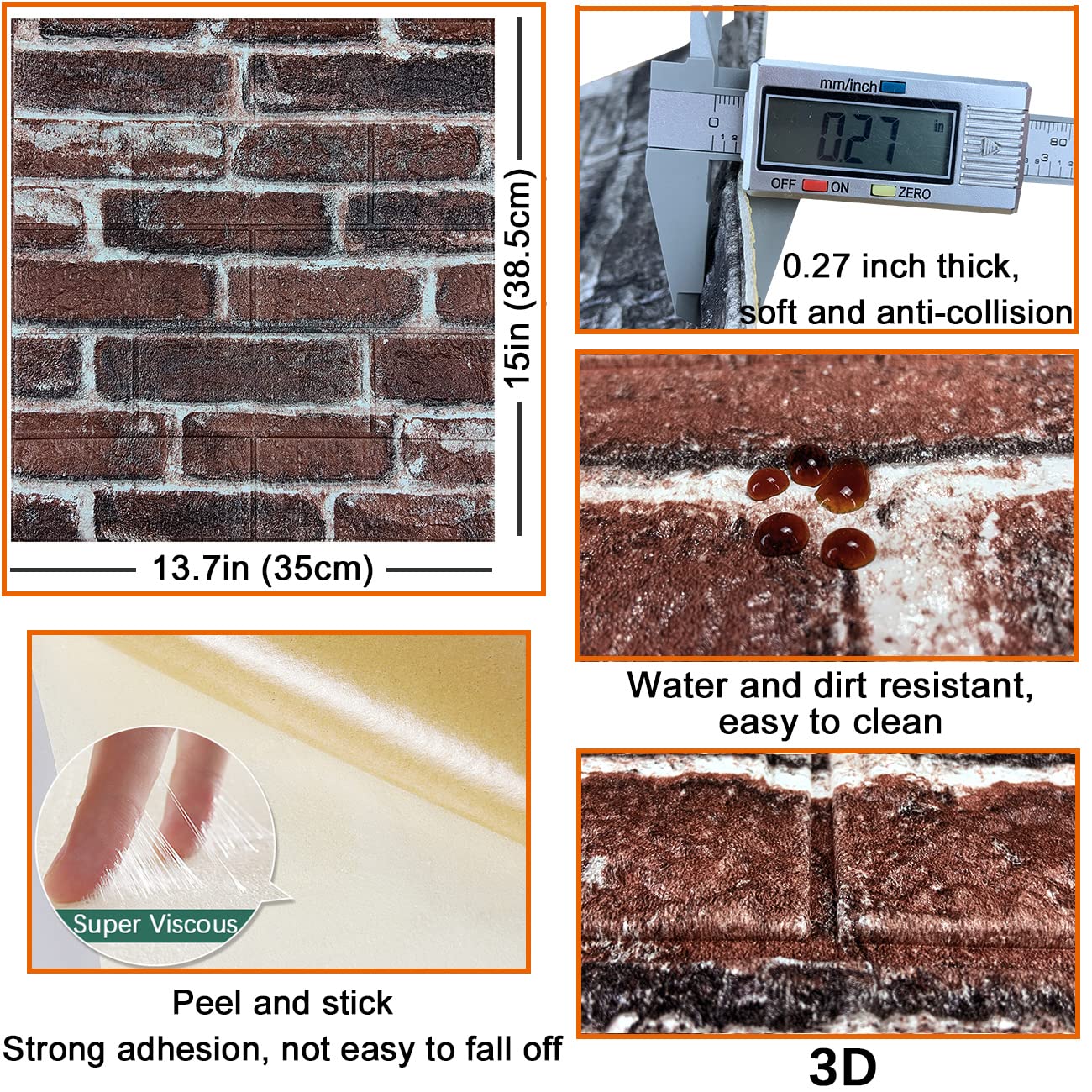 10PCS 3D Wall Panels Peel and Stick 3D Brick Wallpaper Peel and Stick Faux Stone Wall Panel Foam Brick Self-Adhesive Wallpaper (Black,10pcs)