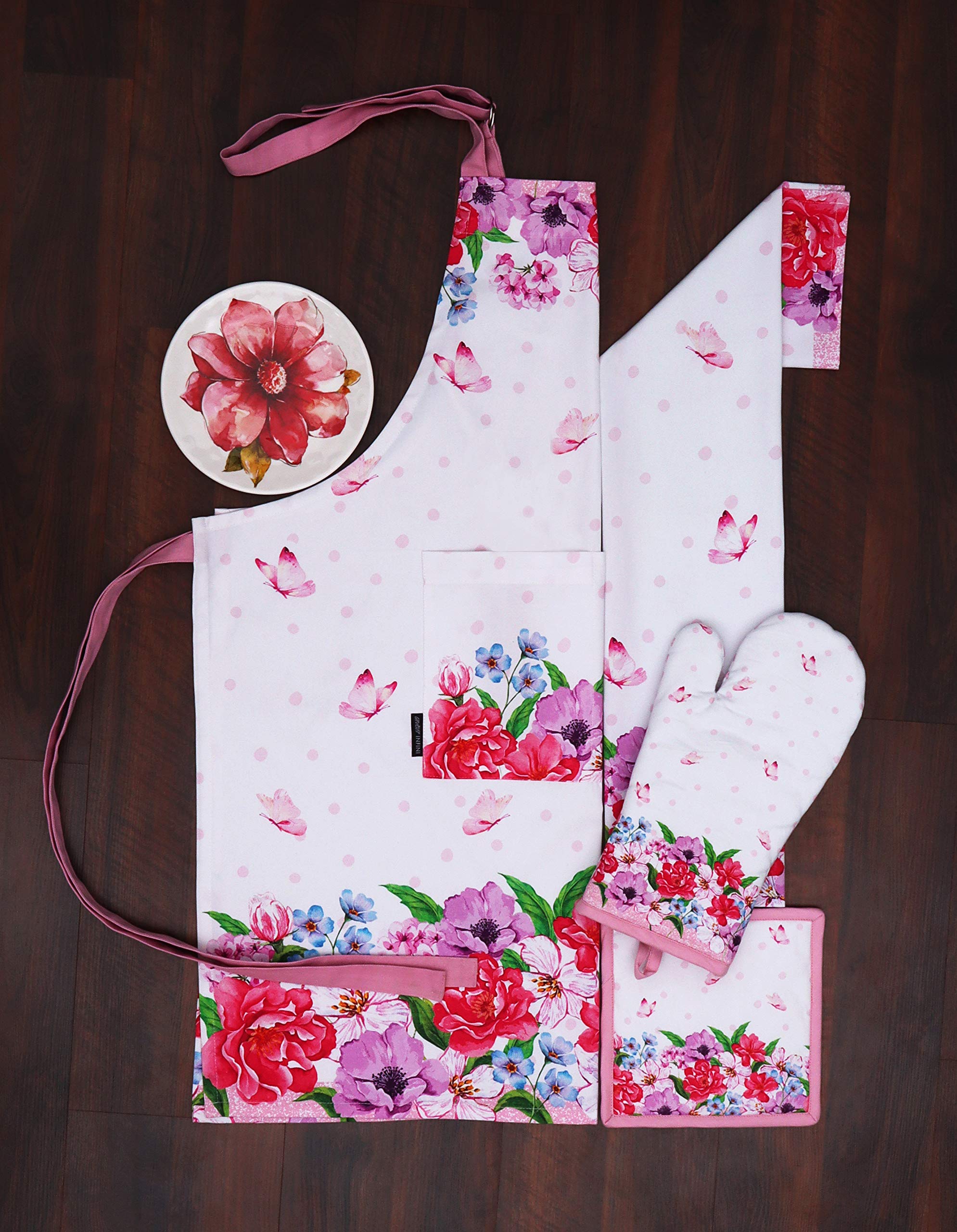 AMOUR INFINI Cotton Aprons for Women with Pocket, Adjustable Strap & Waist Ties - Washable Aprons for Baking, Cooking, Gardening (27.5 x 33 Inches - Blooming Floral)