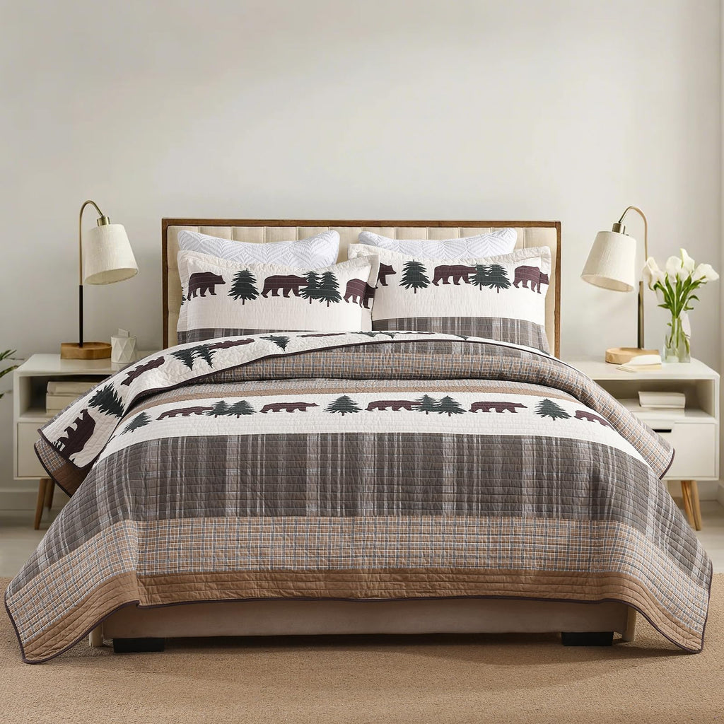 Y-PLWOMEN 100% Cotton Farmhouse Plaid Lightweight 3-Pieces Quilt Set (Blue Brown, Queen90 * 98 Inch)