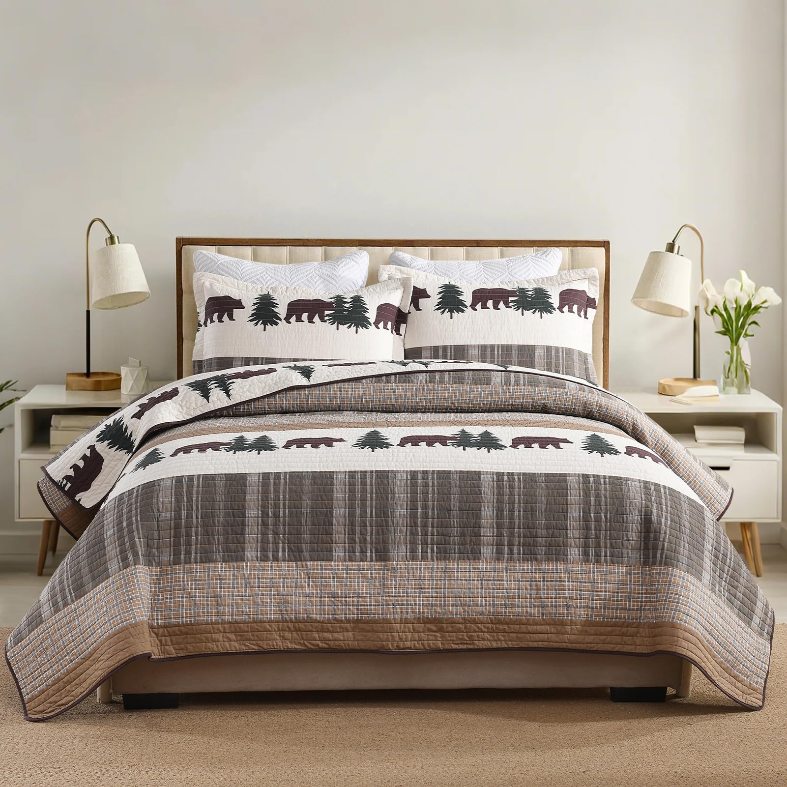 Y-PLWOMEN 100% Cotton Farmhouse Plaid Lightweight 3-Pieces Quilt Set (Blue Brown, Queen90 * 98 Inch)