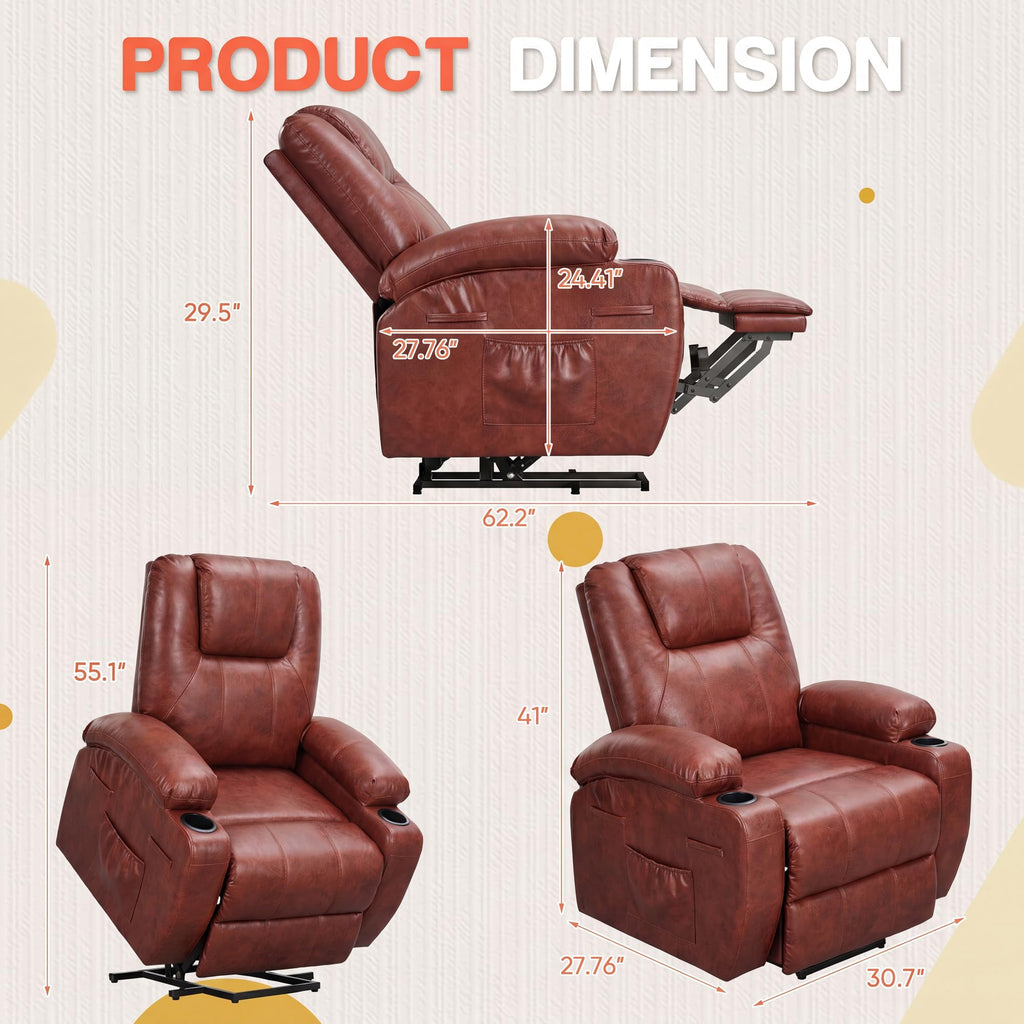 Furmax Electric Power Lift Recliner Chair with Massage for Elderly Corduroy Fabric Recliner Single Sofa with Cup Holders, Side Pockets and Remote Control for Living Room Bedroom (Leathaire, Brown)