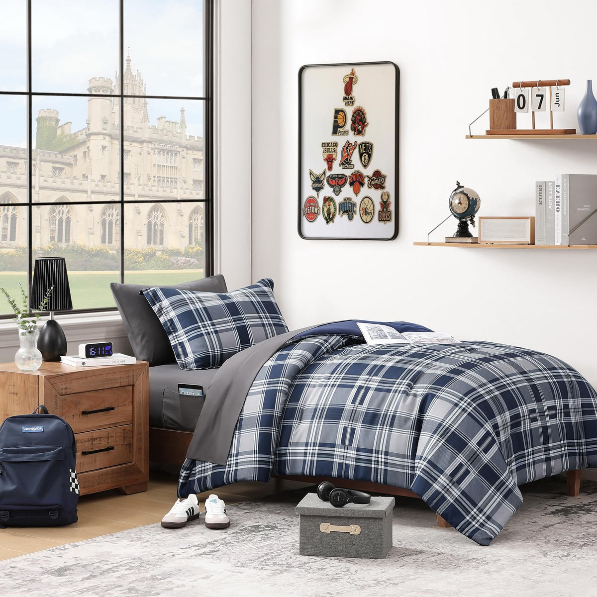 MaiRêve Queen Comforter Set, Classic Plaid Farmhouse Bedding Sets 7 Pieces, Beige All Season Bed in A Bag with Sheets, Pillowcases & Shams