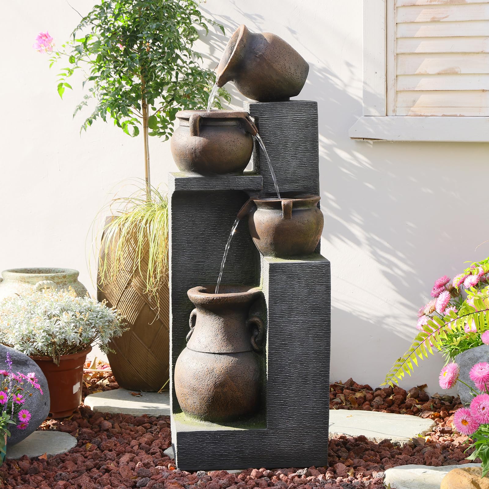 Bumilgar 2-Tier Bowl Water Fountain with LED Lights, 27.95" Tall Freestanding Outdoor & Indoor Garden Waterfall Fountain for Yard, Patio, Backyard, Floor Standing Home Decor