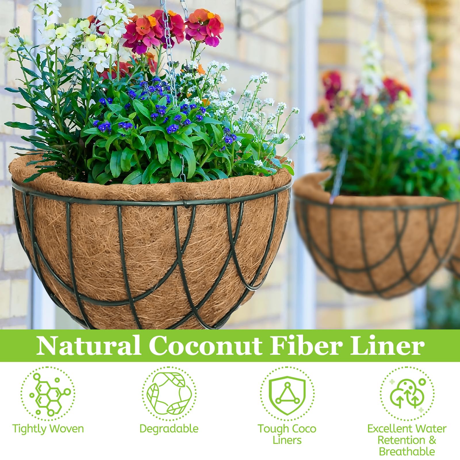Riare 2 Pack 12 Inch Round Coco Liners Replacement, 100% Natural Coconut Coir Liners for Hanging Baskets, Garden Flower Vegetables Planter Pot, Window Box, Fence, Decks