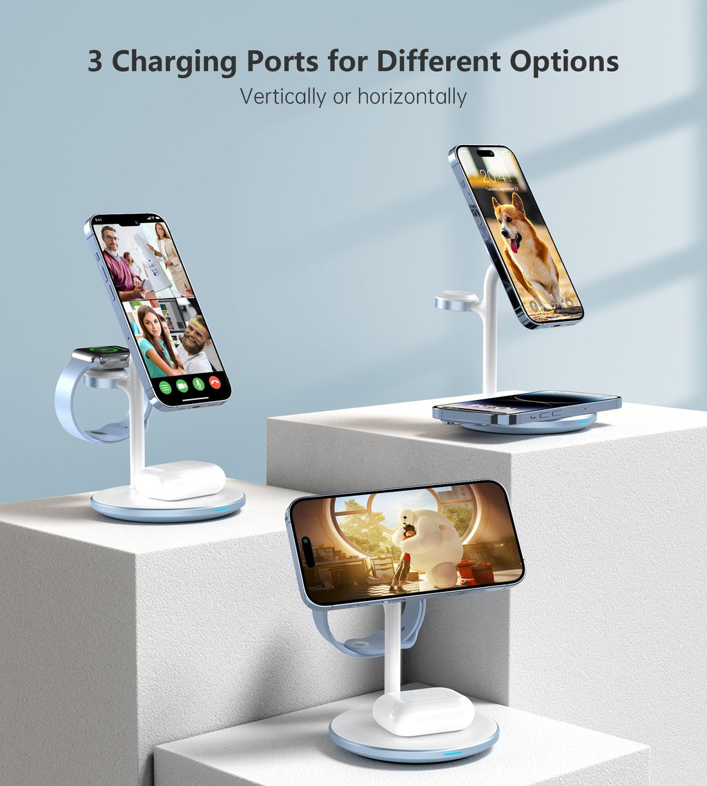 XooFly 3 in 1 Wireless Charging Station for Apple Devices, Fast Wireless Mag-Safe Charger Stand with 20W Adapter for iPhone 17/16 15 14 13 12 Pro Max/Pro/Plus/Air/Mini, iWatch, AirPods (Black)