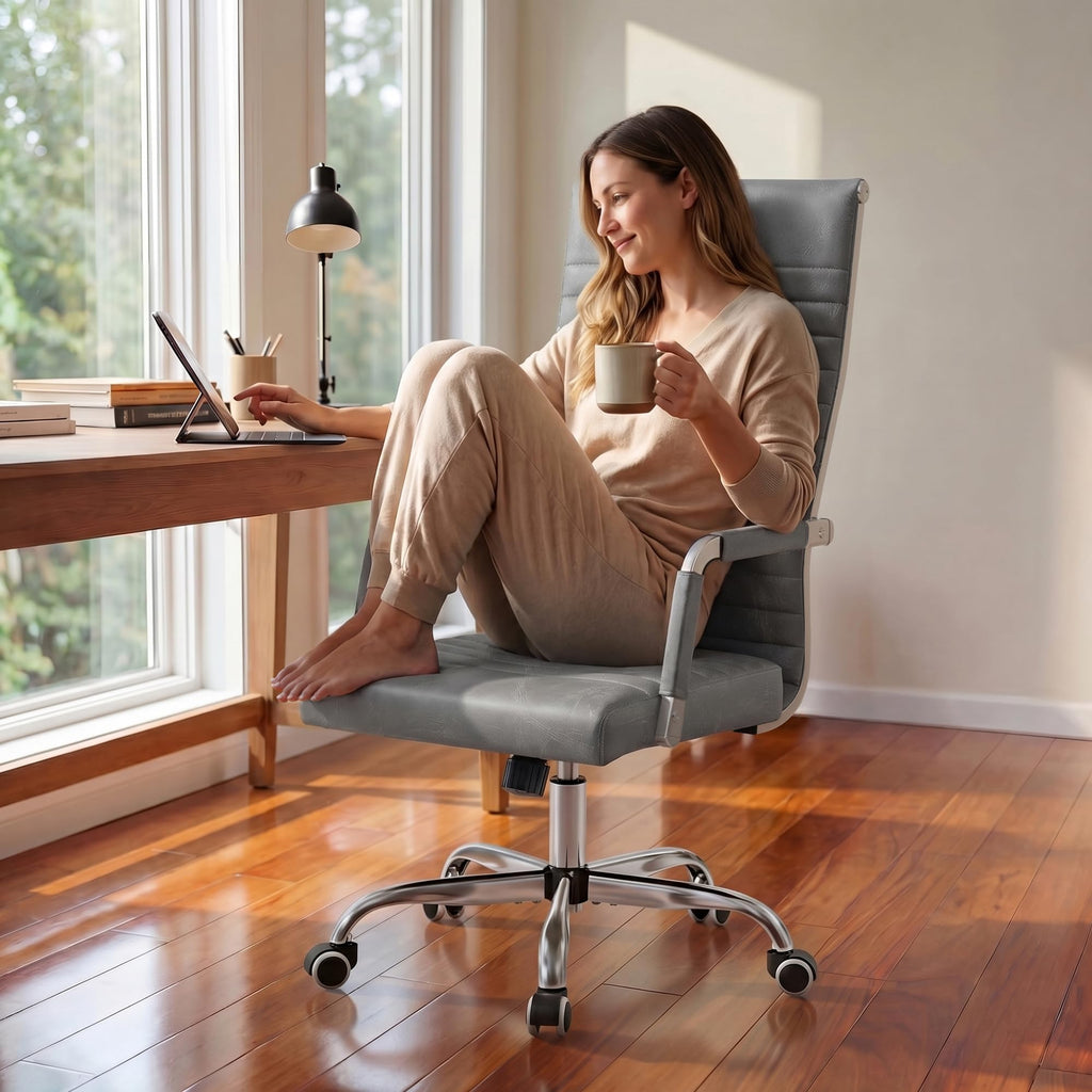 Furmax Ribbed Office Chair High Back PU Leather Executive Conference Chair Adjustable Swivel Chair with Arms (Bicolor Retro Brown)