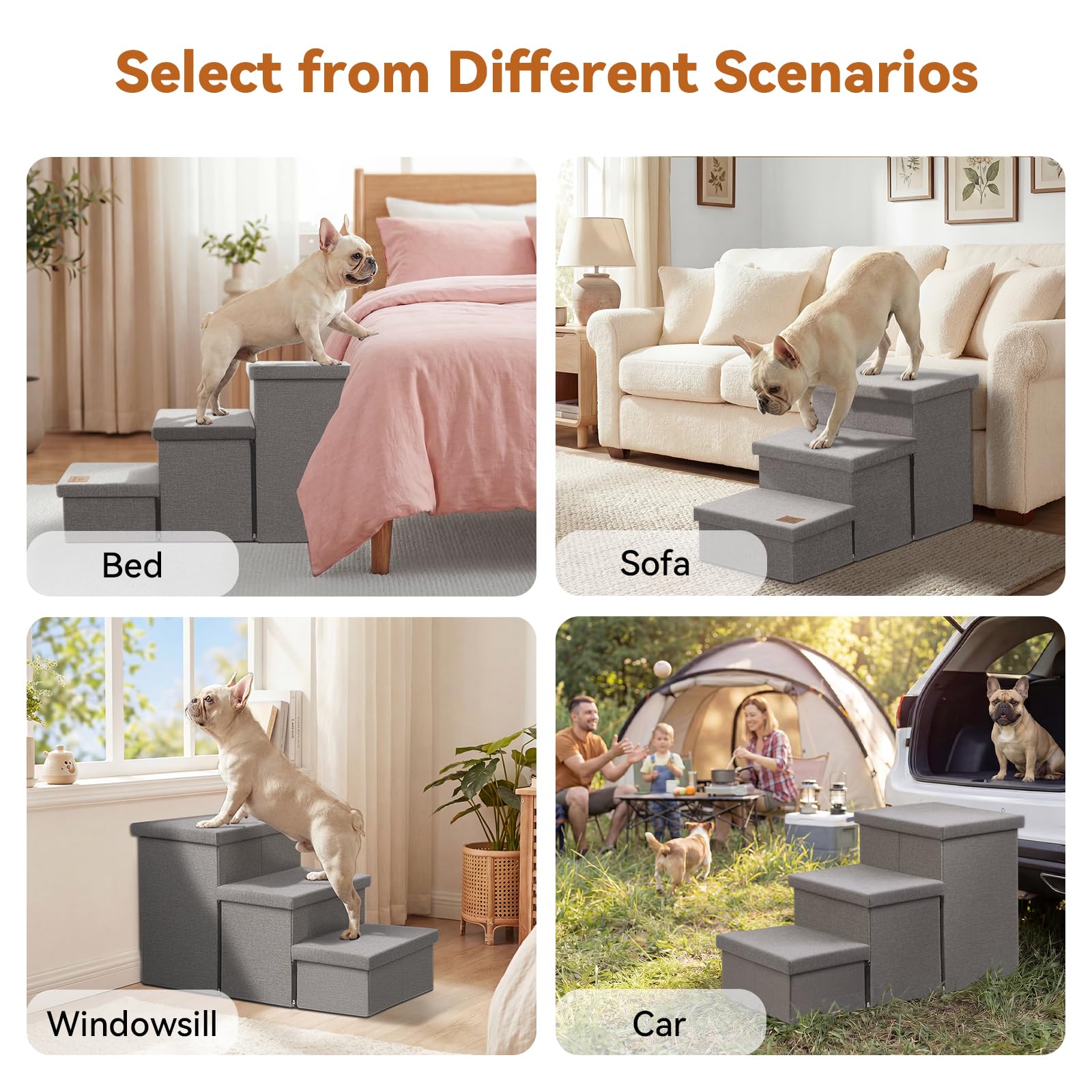 Zerbuger Dog Stairs with Condo 15" H, 2-Step Wider Dog Steps for Small/Medium/Large Old Dogs Cats, Folding Sturdy Storage Pet Stairs Climbing Bed Couch, Ramp for Car Hold Up to 150 lbs, Beige