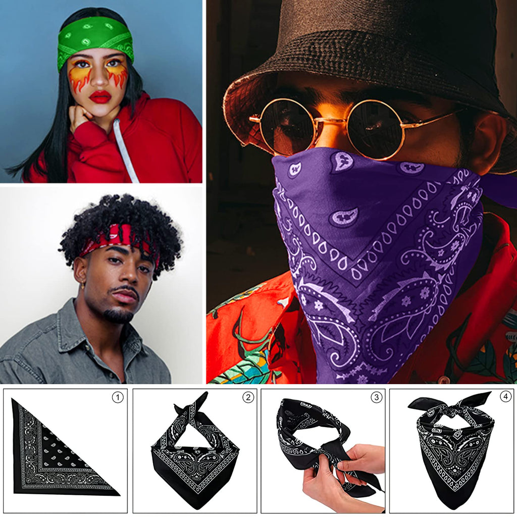 AURUZA 12-44pcs Bandanas for Men Women Paisley Large Bandana Black Red White Head Wrap Headbands Cowboy Handkerchief