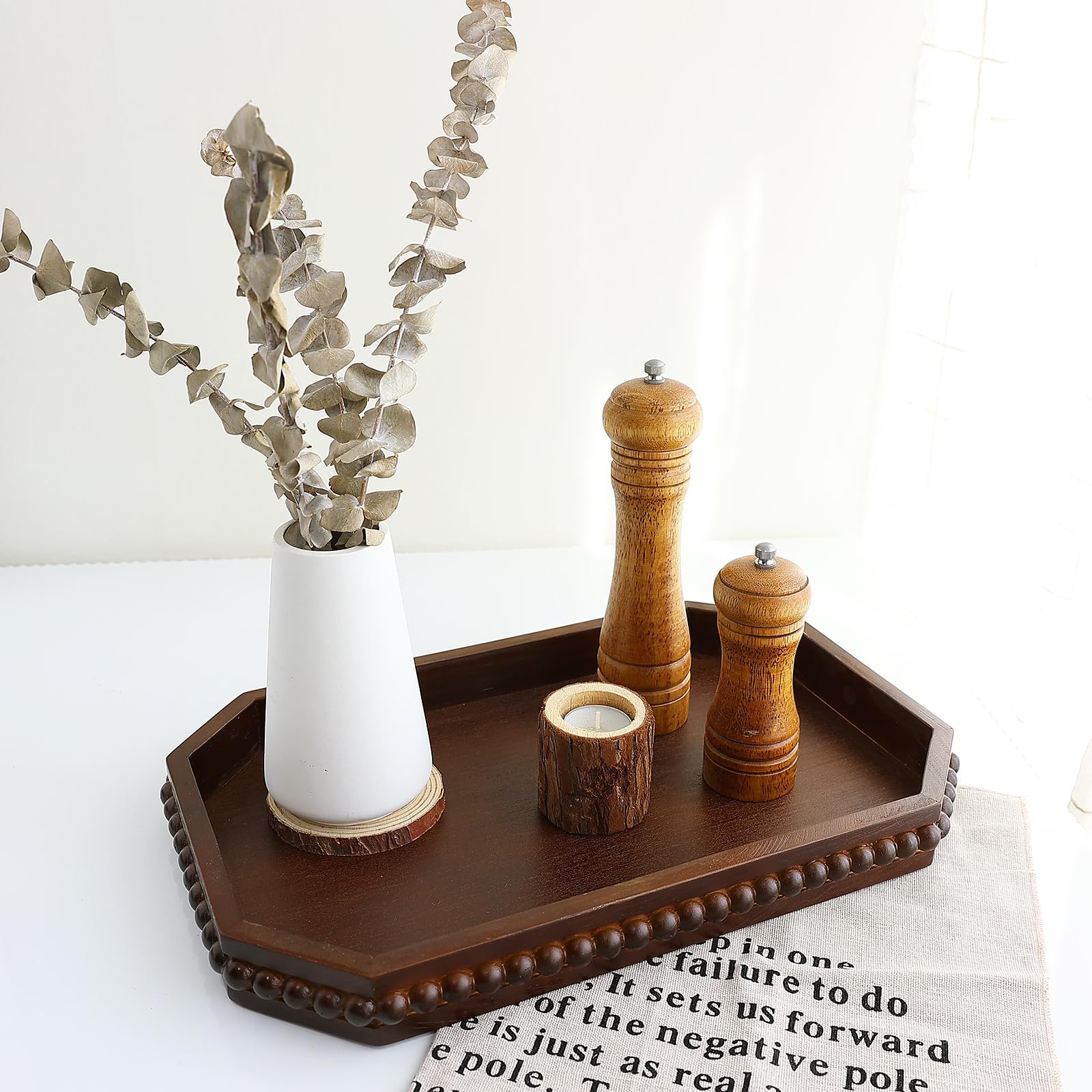 Hrastany Wood Rustic Serving Tray with Beads, Farmhouse Black Decorative Tray for Table Centerpiece, Christmas Wedding Halloween Home Decor