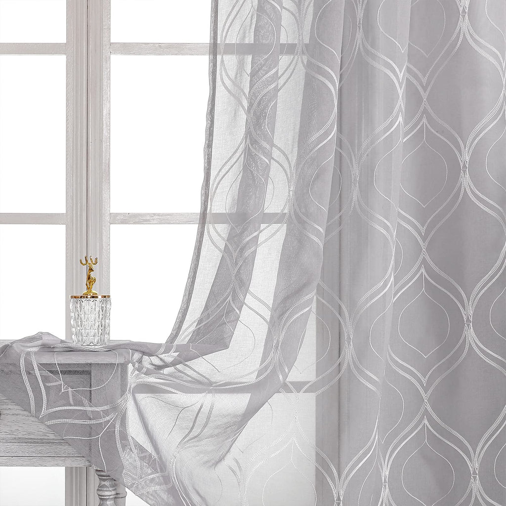 VISIONTEX Sheer Curtains 63 Inches Long 2 Panels Set, Beige and Ivory Moroccan Embroidery Texture Geometric Rod Pocket White Voile Tulle Semi Window Treatment Pair for Bedroom, W54 x L63