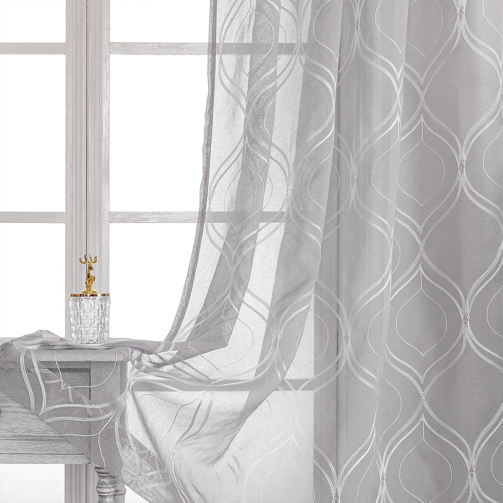 VISIONTEX Sheer Curtains 63 Inches Long 2 Panels Set, Beige and Ivory Moroccan Embroidery Texture Geometric Rod Pocket White Voile Tulle Semi Window Treatment Pair for Bedroom, W54 x L63