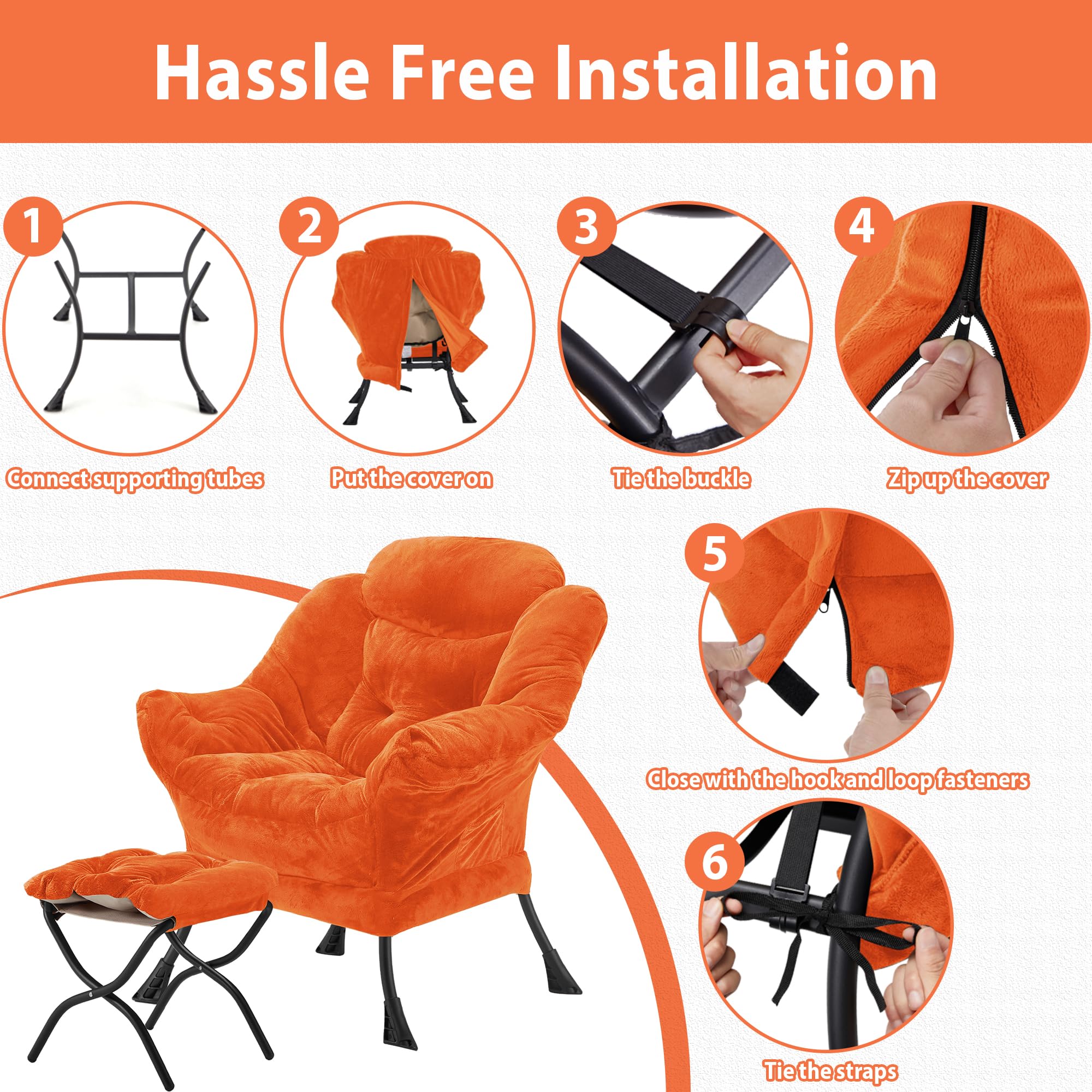 Youtanic Lazy Chair with Folding Ottoman, Accent Chair Velvet Upholstered with Metal Structure and Non-Slip Pads, Sofa Armchair with Footrest and Side Storage Bag for Dorm, Room, Office, Beige