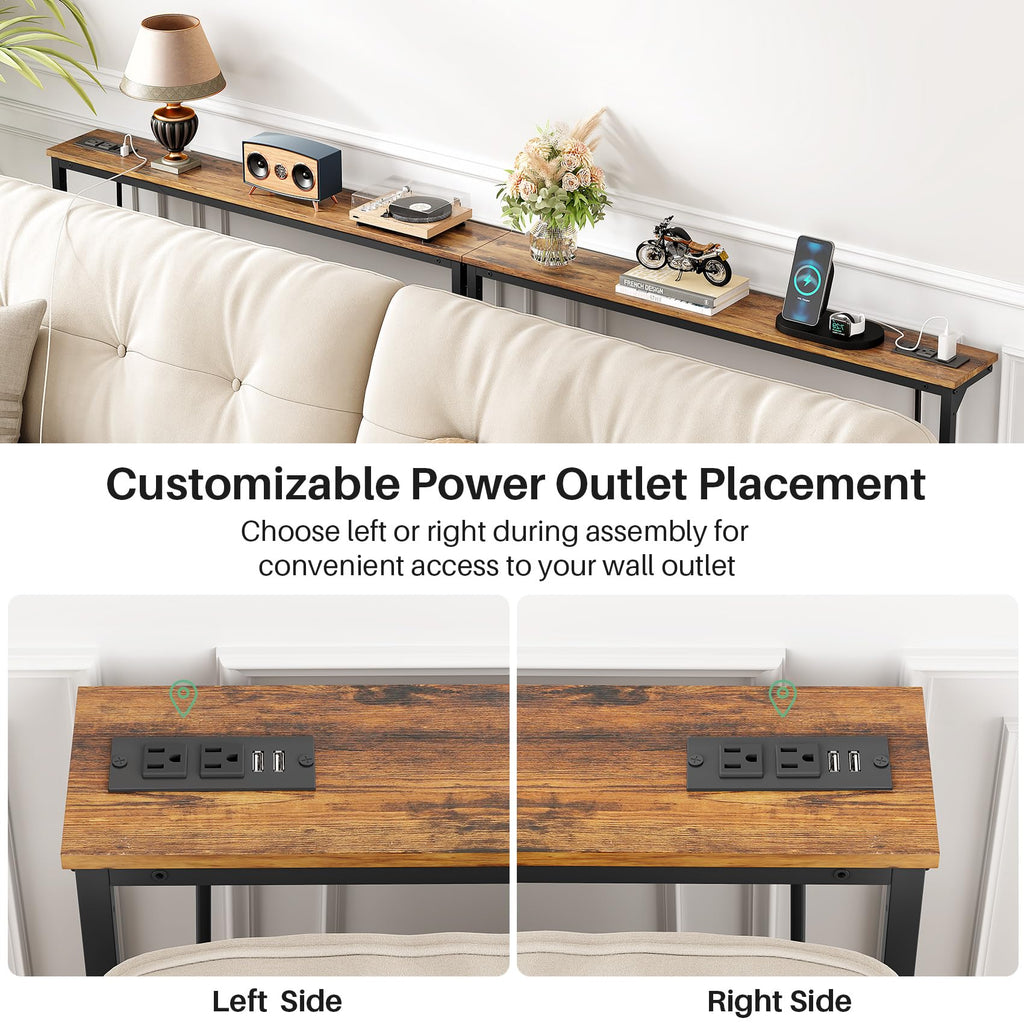 Kitstorack Narrow Sofa Table with Charging Station, 78.8" Behind Couch Table, Adjustable 24.4"-32.7" Height, Modular 2-piece Design for sectionals, entryways, Apartments, and Narrow Living Spaces