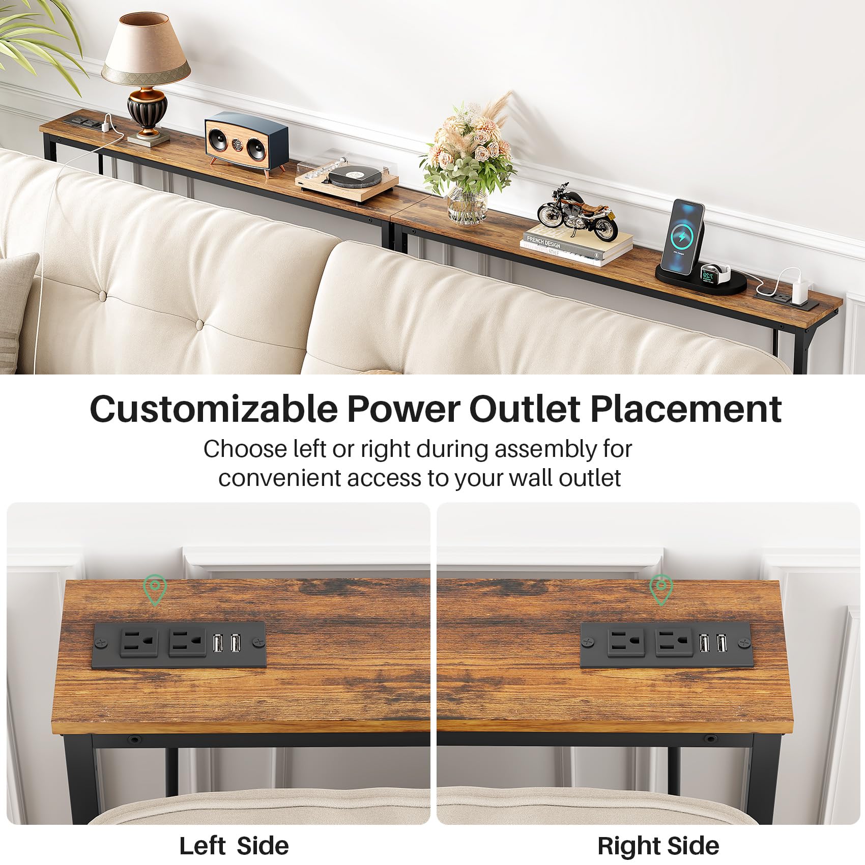Kitstorack Narrow Sofa Table with Charging Station, 78.8" Behind Couch Table, Adjustable 24.4"-32.7" Height, Modular 2-piece Design for sectionals, entryways, Apartments, and Narrow Living Spaces