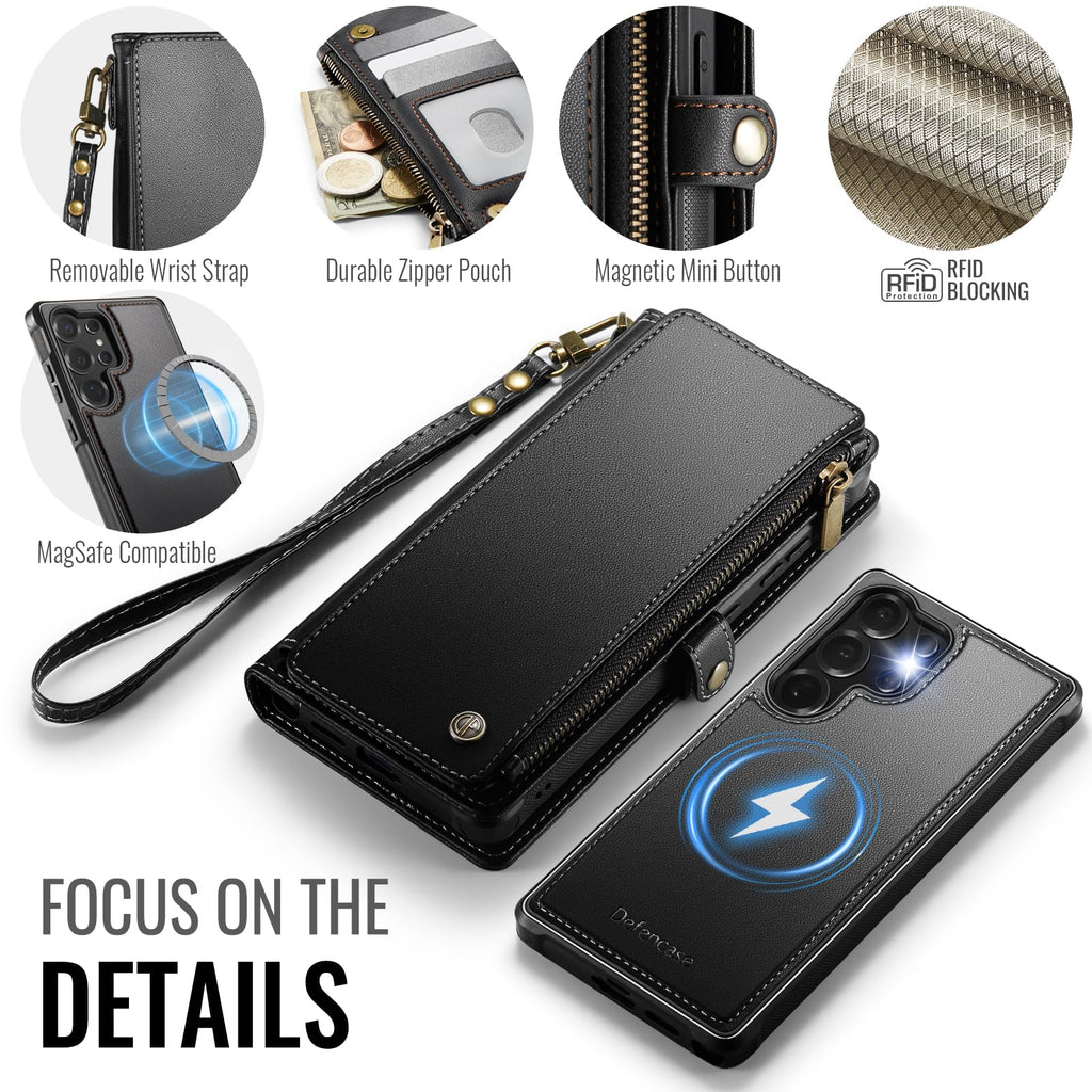 Defencase for Samsung Galaxy S25 Ultra Magnetic Wallet Case Compatible with Magsafe with RFID Blocking Zipper & Card Holder Women, PU Leather Detachable Phone Case for Galaxy S25 Ultra 6.9", Black