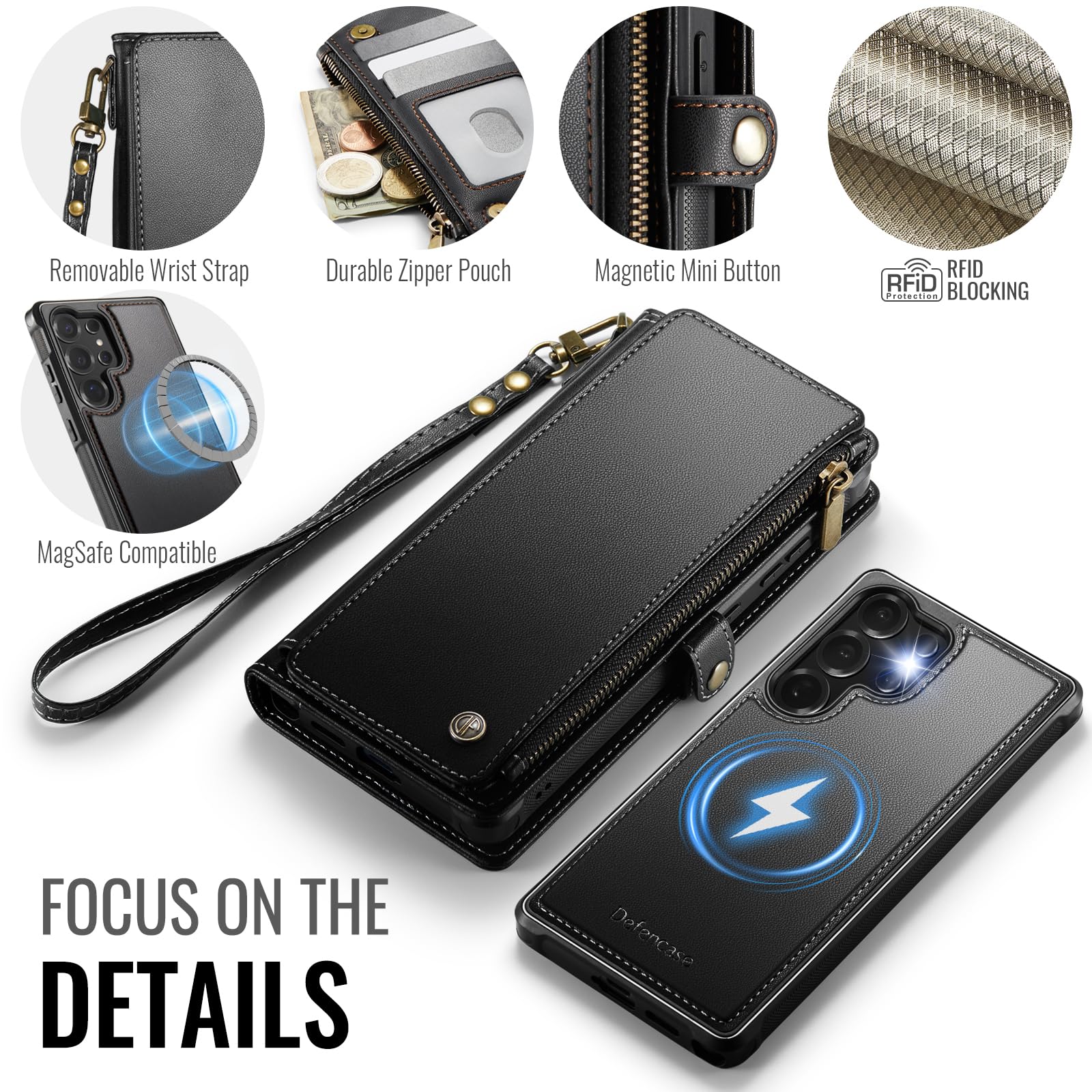 Defencase for Samsung Galaxy S25 Ultra Magnetic Wallet Case Compatible with Magsafe with RFID Blocking Zipper & Card Holder Women, PU Leather Detachable Phone Case for Galaxy S25 Ultra 6.9", Black