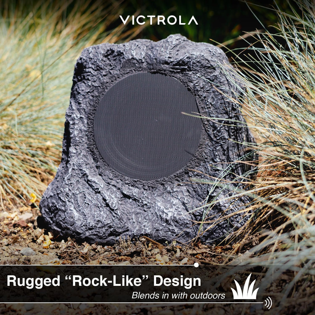 Victrola Outdoor Rock Speaker (Pair) – IPX4 Rechargeable Outdoor Bluetooth Speakers for Garden, Patio, Built for All Seasons, Wireless Music Streaming (Charcoal)