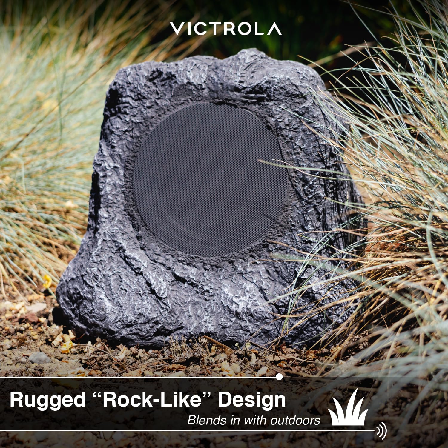 Victrola Outdoor Rock Speaker (Pair) – IPX4 Rechargeable Outdoor Bluetooth Speakers for Garden, Patio, Built for All Seasons, Wireless Music Streaming (Charcoal)