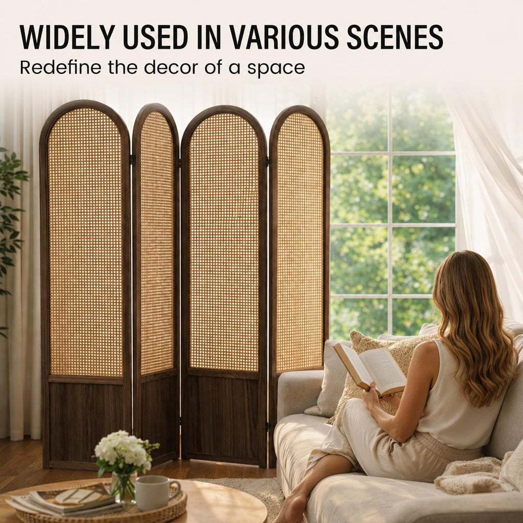 Hand-Woven Rattan Room Divider 3 Panels, 5.9 Ft Tall Wood Room Divider Panel, Partition Screen Divider Wall, Folding Privacy Screen, Wall Divider for Room Separation Home Office - Black