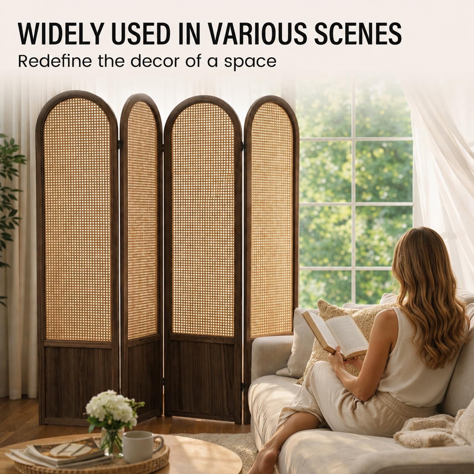 Hand-Woven Rattan Room Divider 3 Panels, 5.9 Ft Tall Wood Room Divider Panel, Partition Screen Divider Wall, Folding Privacy Screen, Wall Divider for Room Separation Home Office - Black