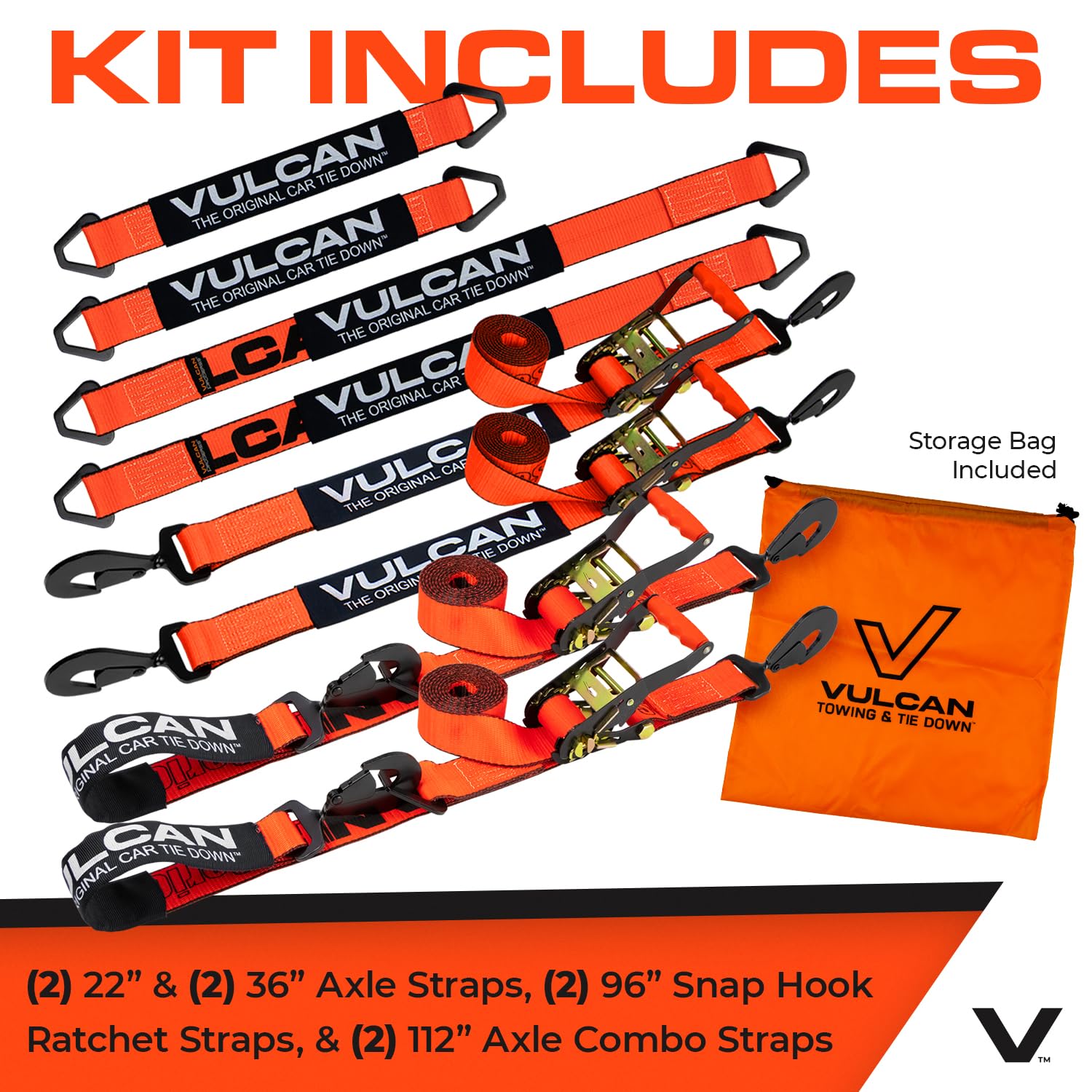 VULCAN Complete Axle Strap Tie Down Kit with Snap Hook Ratchet Straps - Classic Yellow - Includes (4) 22 Inch Axle Straps, (4) 36 Inch Axle Straps, and (4) 8' Snap Hook Ratchet Straps