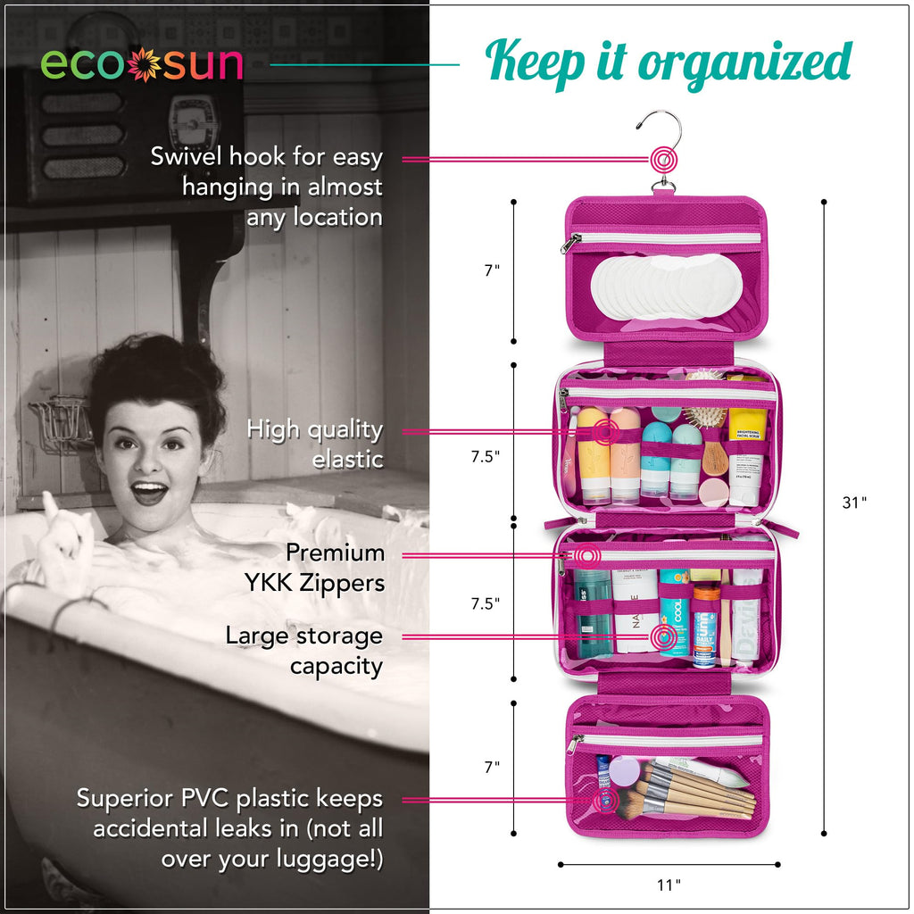 Eco Sun Hanging Travel Toiletry Bag — Designed in Hawaii — Water-resistant Travel Organizer for Bathroom Accessories (Black)