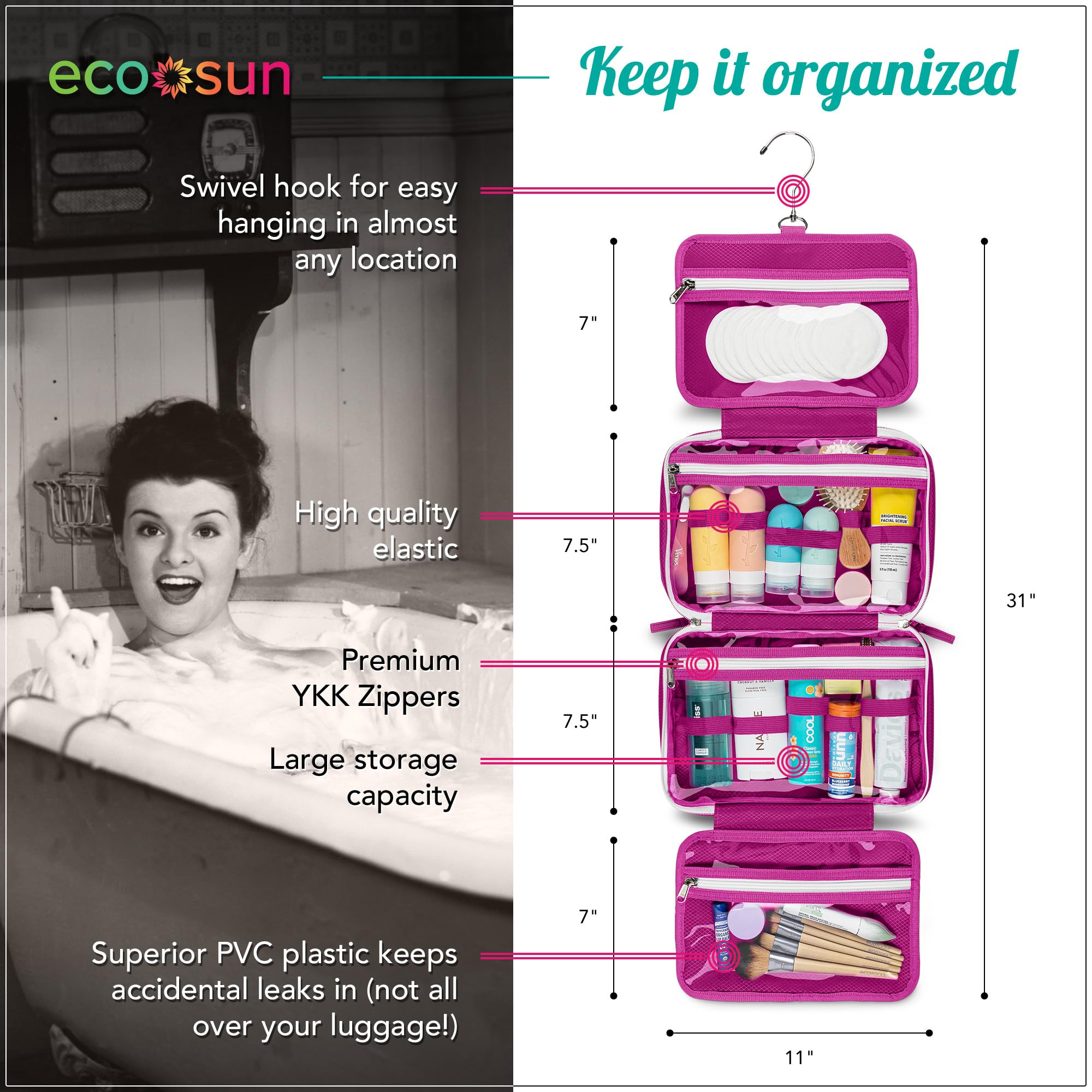 Eco Sun Hanging Travel Toiletry Bag — Designed in Hawaii — Water-resistant Travel Organizer for Bathroom Accessories (Black)