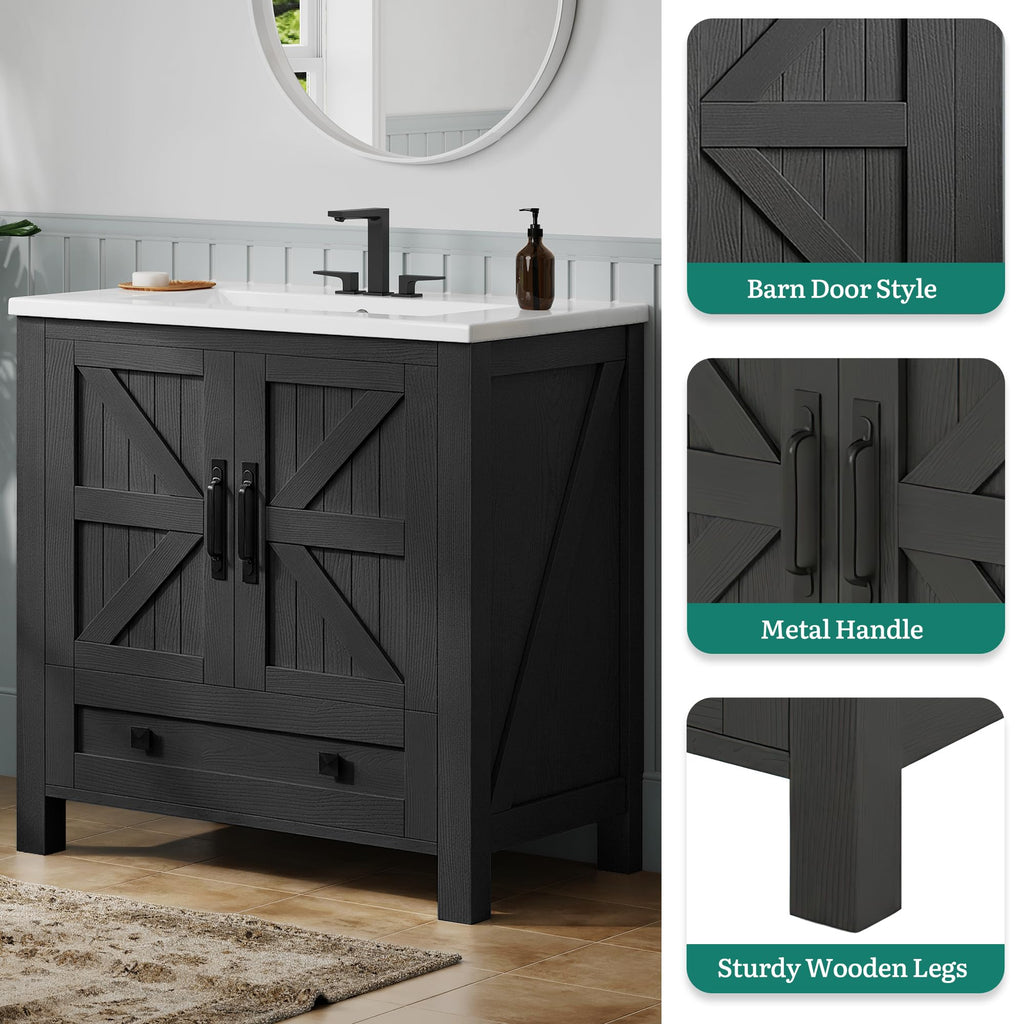 YITAHOME 30 Inch Farmhouse Bathroom Vanity with Sink, Small Space Bathroom Storage Cabinet with Large Drawer, 2 Wood Barn Doors with Built-in Door Racks