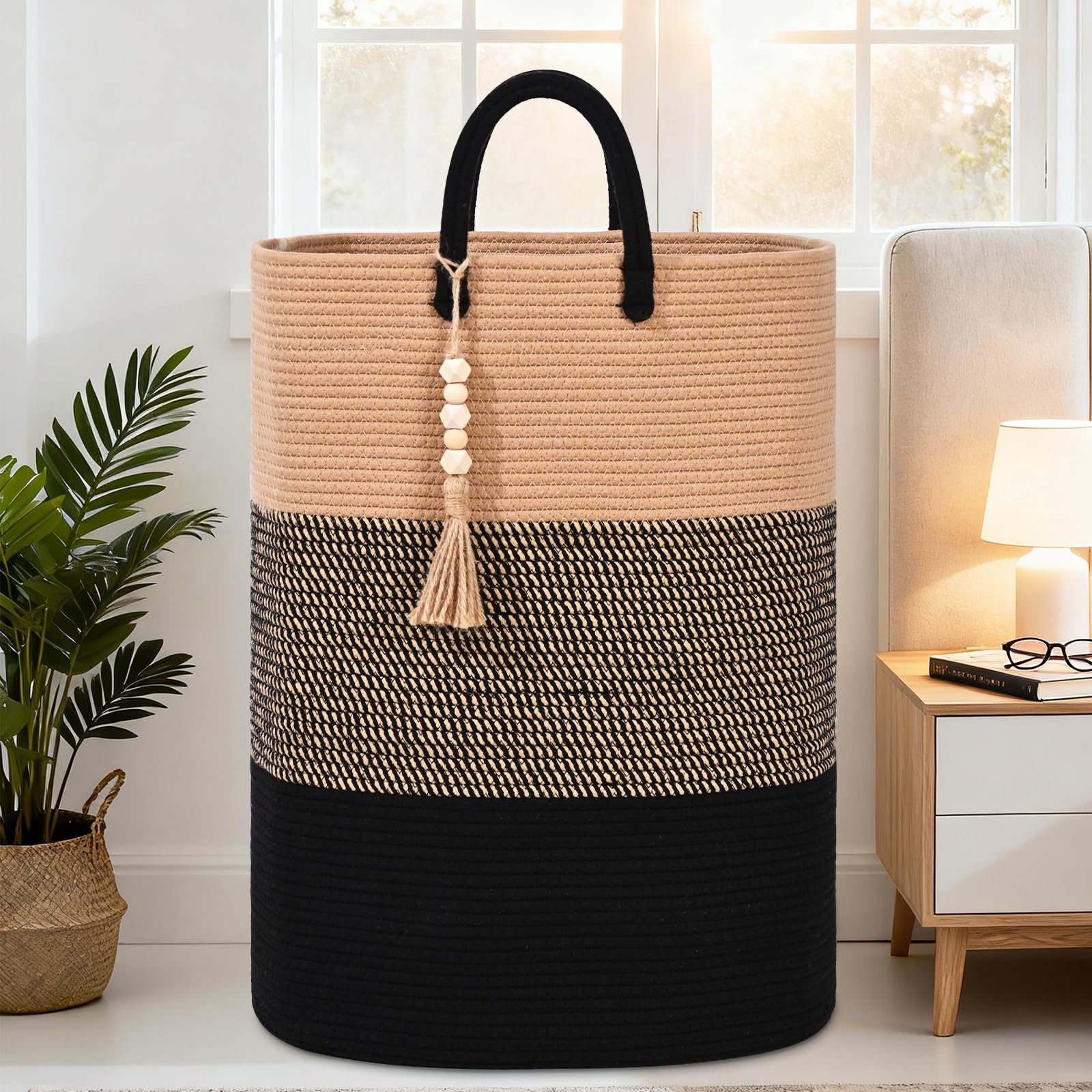 Woven Laundry Basket for Clothes, 50L Large Rectangle Laundry Hampers with Beads Tassel, Nursery Storage Basket for Toys, Tall Dirty Clothes Hamper for Bedroom Aesthetic, Laundry Room Organization