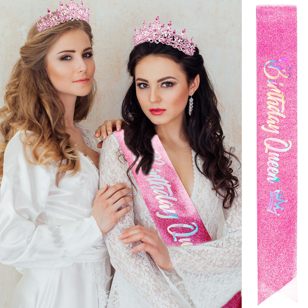 VELSCRUN AB Silver Crystal Birthday Queen Tiara Crowns for Women Girls Birthday Queen Headband Sash Elegant Princess Crown with Combs Hair Accessories Happy Birth Party Decorations Mom Gift
