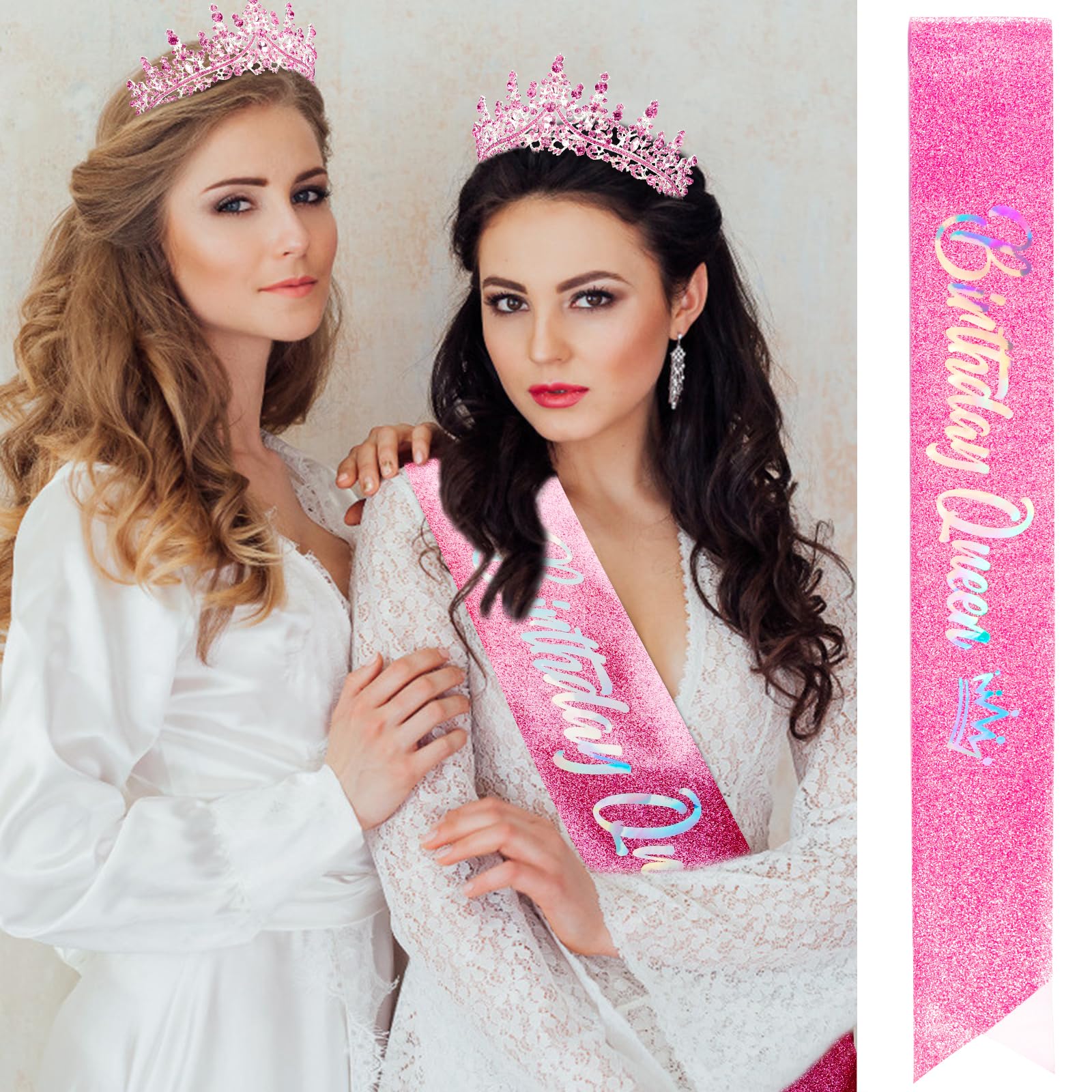 VELSCRUN AB Silver Crystal Birthday Queen Tiara Crowns for Women Girls Birthday Queen Headband Sash Elegant Princess Crown with Combs Hair Accessories Happy Birth Party Decorations Mom Gift