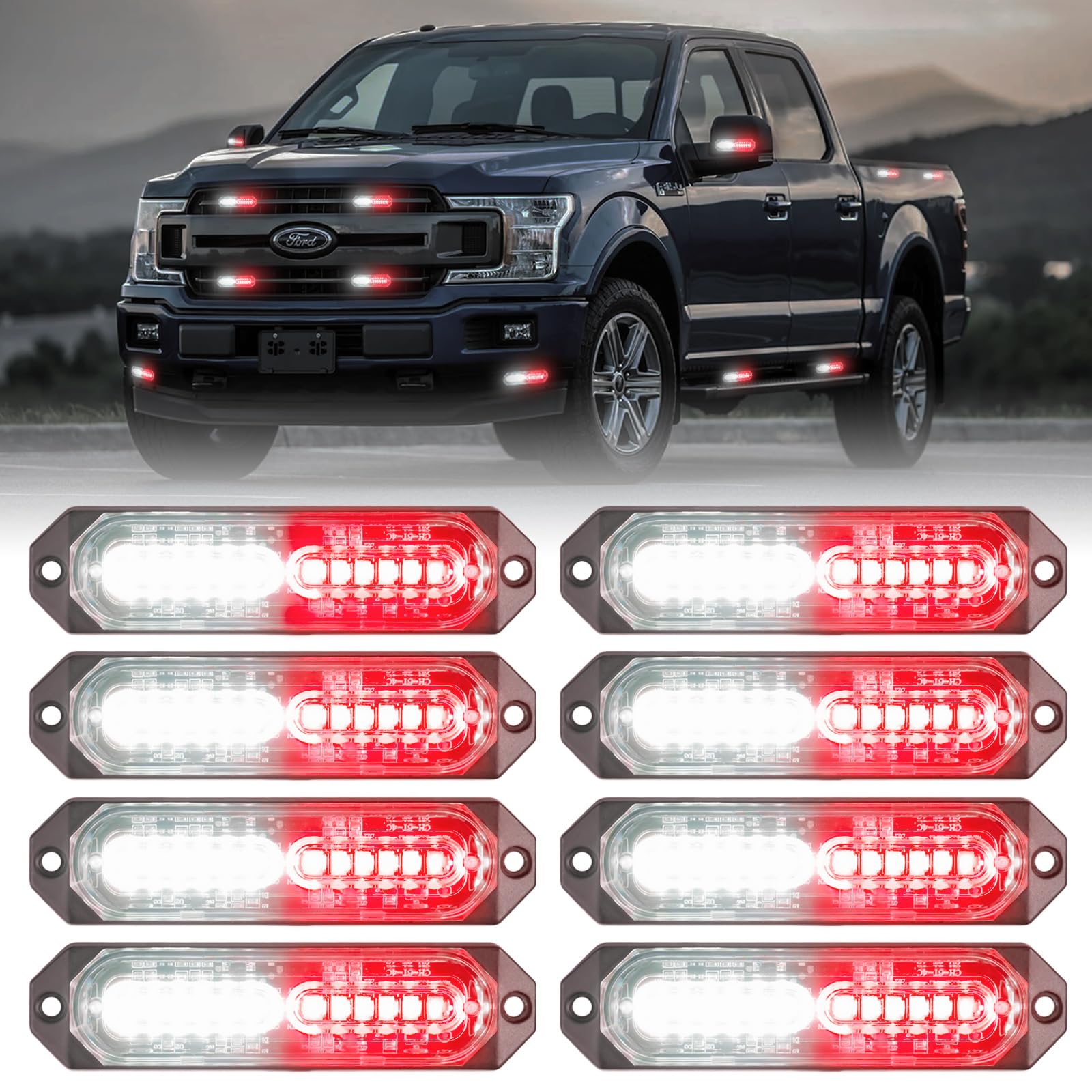 8-Pcs 12 LED Sync Feature Emergency Strobe Grille Lights Ultra Slim Surface Mount Hazard Warning Flashing Light Bar for Firefighter/Construction/Police/Trucks/Vehicles/Car/SUV (Amber/White)