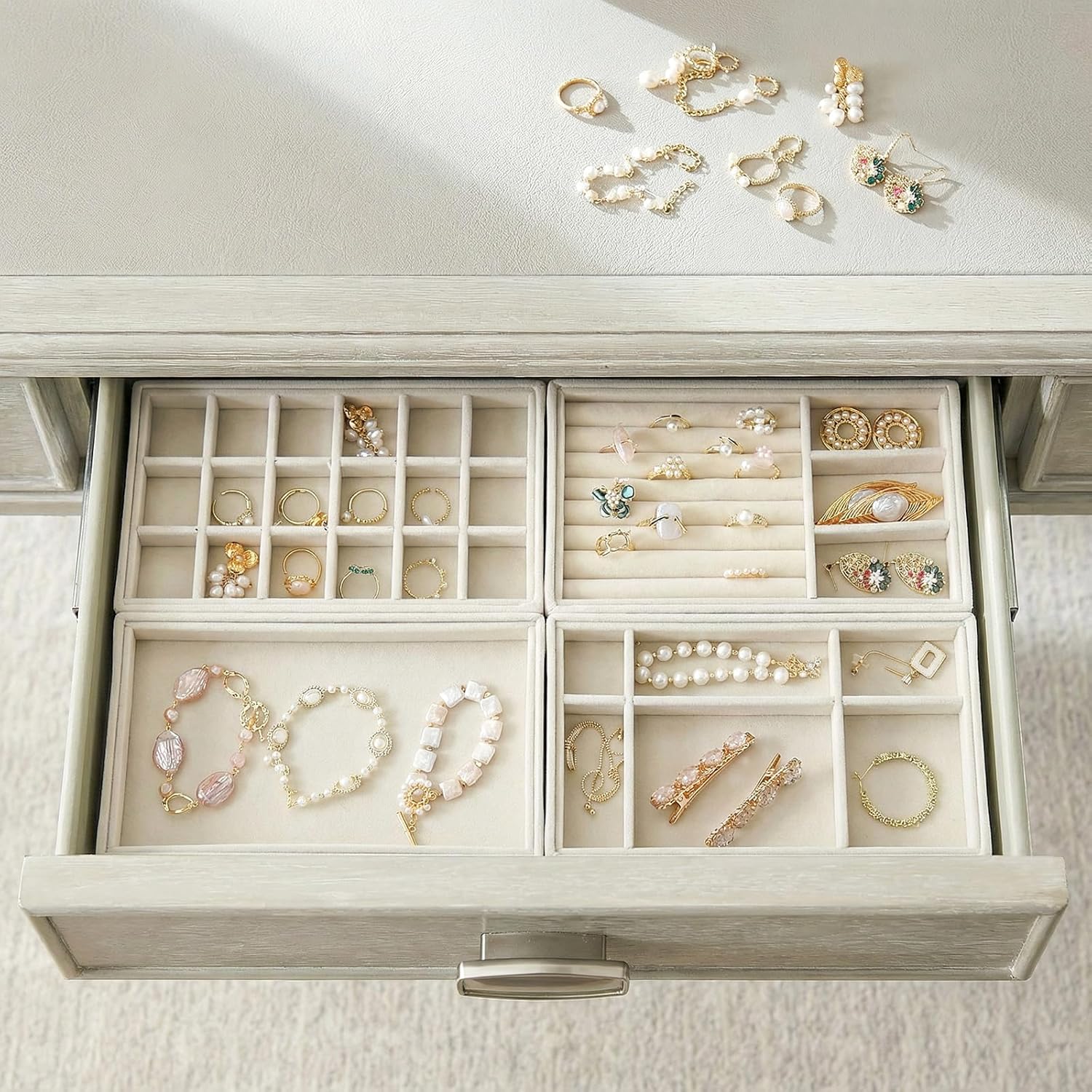 Elsjoy 8 Pack Velvet Jewelry Trays, Stackable Jewelry Organizer Trays for Drawers, Beige Jewelry Storage and Display Tray Inserts for Necklaces, Rings, Earrings
