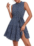Umenlele Women's Ruched Trim Crewneck Sleeveless Tie Knot High Waist Ruffle Layered Short Dress