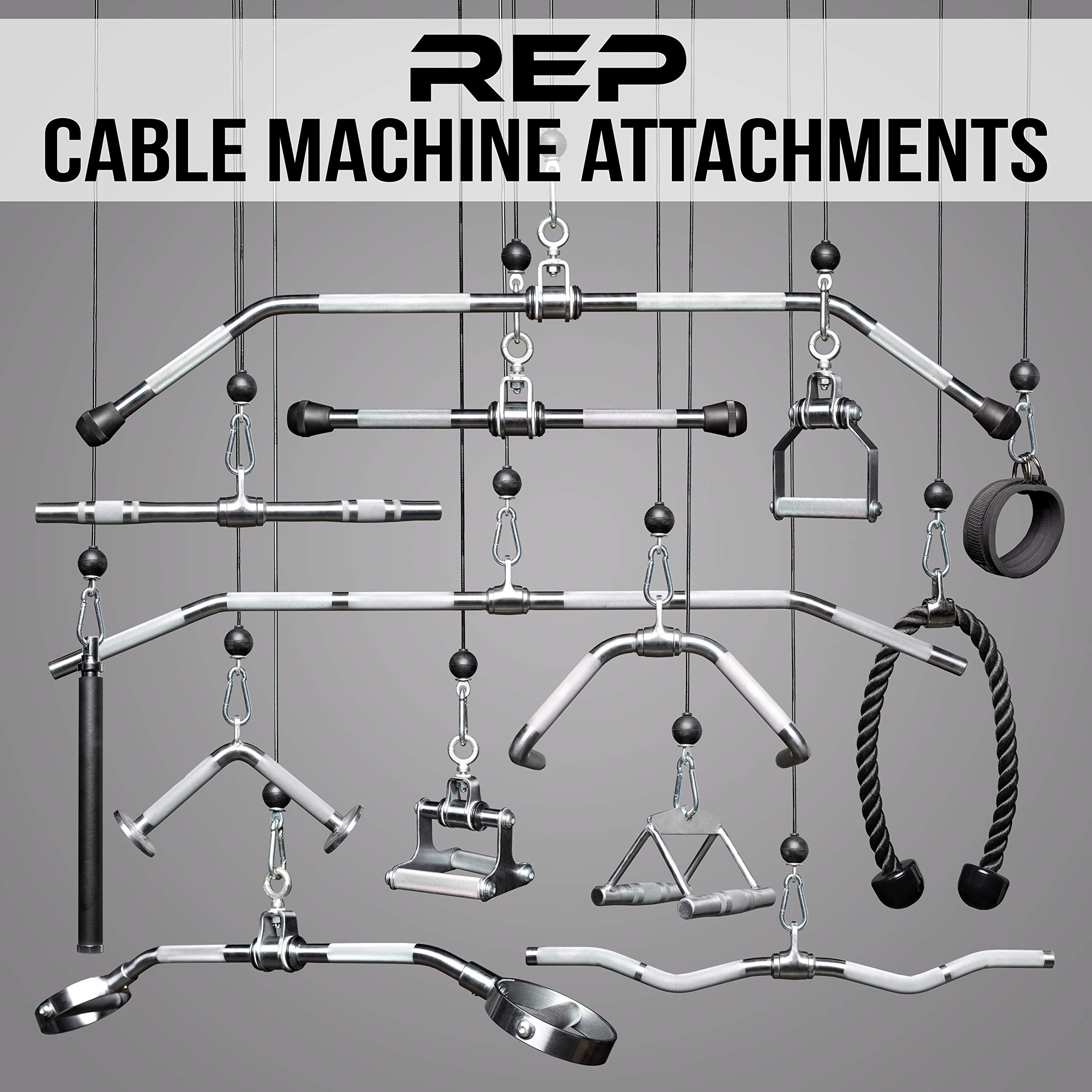 REP Fitness LAT Pulldown and Low Row Cable Machine Attachments and Functional Trainer Attachments – Curl Bar, D-Handle, Ankle Cuff, Tricep Rope, Sports Handle, Straight Bar, Row, Chinning Triangle