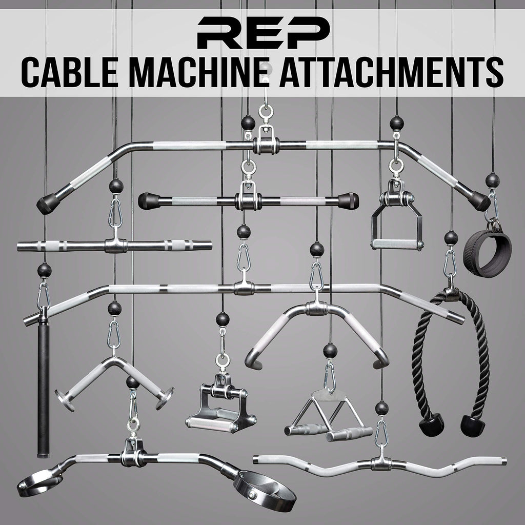 REP Fitness LAT Pulldown and Low Row Cable Machine Attachments and Functional Trainer Attachments – Curl Bar, D-Handle, Ankle Cuff, Tricep Rope, Sports Handle, Straight Bar, Row, Chinning Triangle
