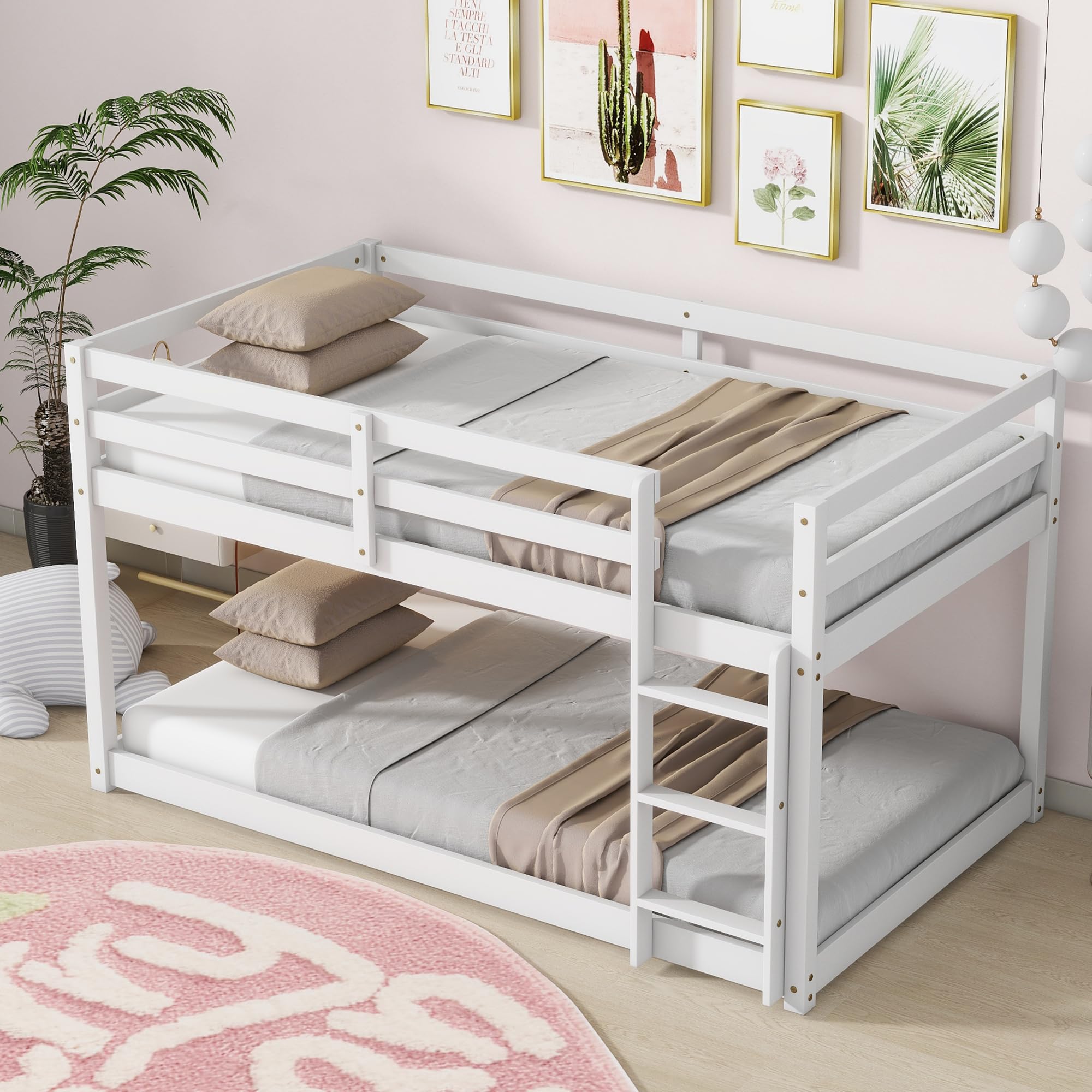 Bunk Bed Twin Over Twin, Wood Low Profile Floor Twin Bunk Beds with Headboard Ladder Guardrails for Kids Boys and Girls, No Box Spring Needed