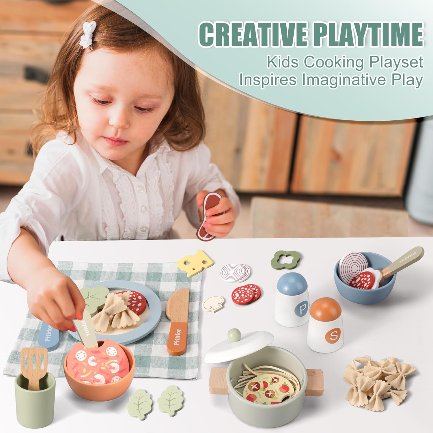 Pithfor Wooden Play Cooking Set, Pretend Play Kitchen Accessories Toys Set for Kids Toddlers, Including Play Dishes, Pot and Pan, Utensils, Gifts for 3 4 5 Years Old Girls Boys