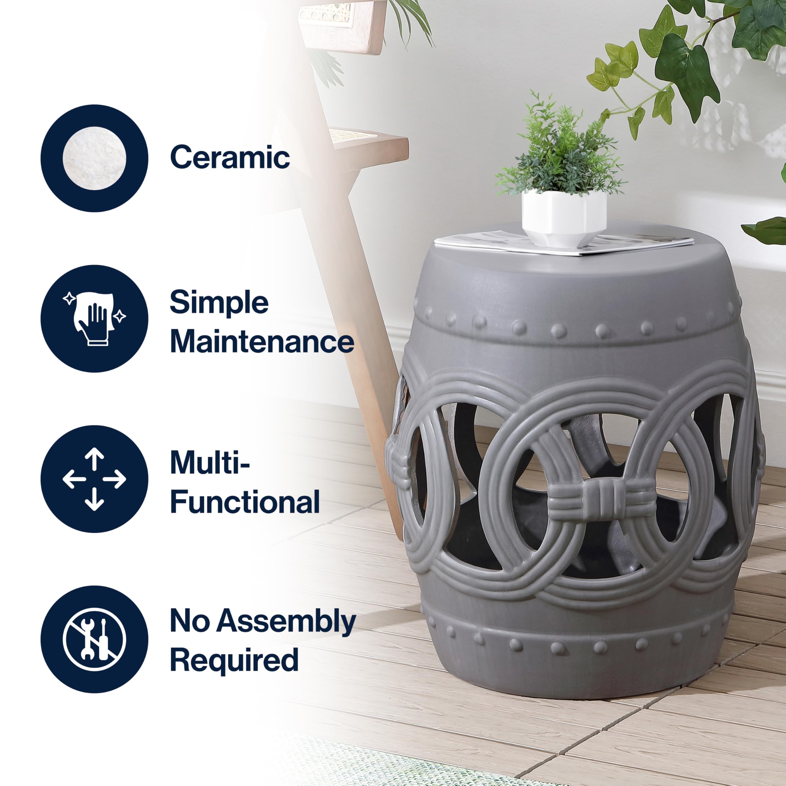 JONATHAN Y Lucky Coins 16" Ceramic Garden Stool, Contemporary Blue/White Cutout Interlocking Rings Drum Indoor/Outdoor Side Table and Plant Stand for Patio, Garden, Living Room TBL1027A