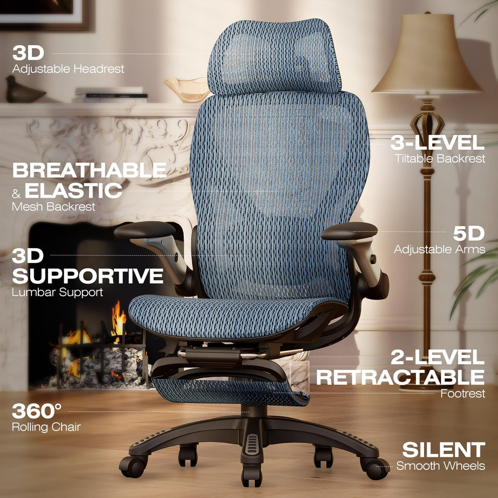 ELABEST X100 Ergonomic Office Chair with Footrest, Big and Tall Home Desk Chair with 5D Flip-Up Arms, Adjustable 3D Lumbar Support,High Back Rolling Computer Chair, Swivel Mesh Chairs (Coffee Break)