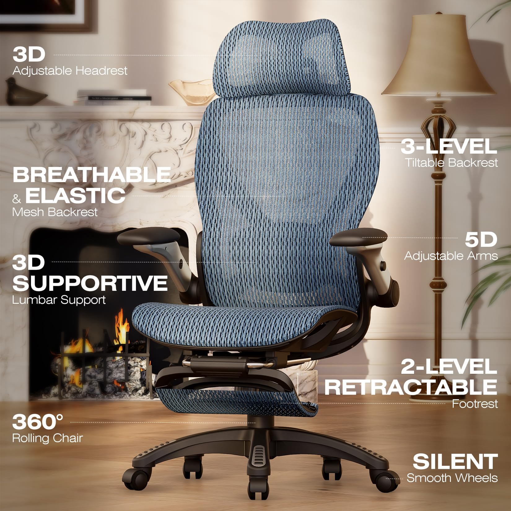 ELABEST X100 Ergonomic Office Chair with Footrest, Big and Tall Home Desk Chair with 5D Flip-Up Arms, Adjustable 3D Lumbar Support,High Back Rolling Computer Chair, Swivel Mesh Chairs (Coffee Break)