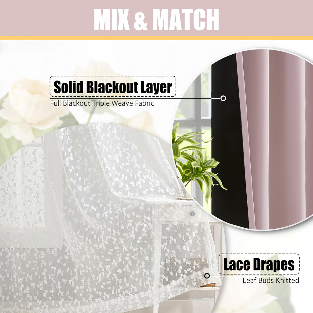 Jubilantex Full Blackout Curtains + Leaf Sheer Window Panels, Beige Mix and Match Style Double Layer Window Treatment Sets for Bedroom Living Room, 4 Panels 52" W x 63" L, Beige and White