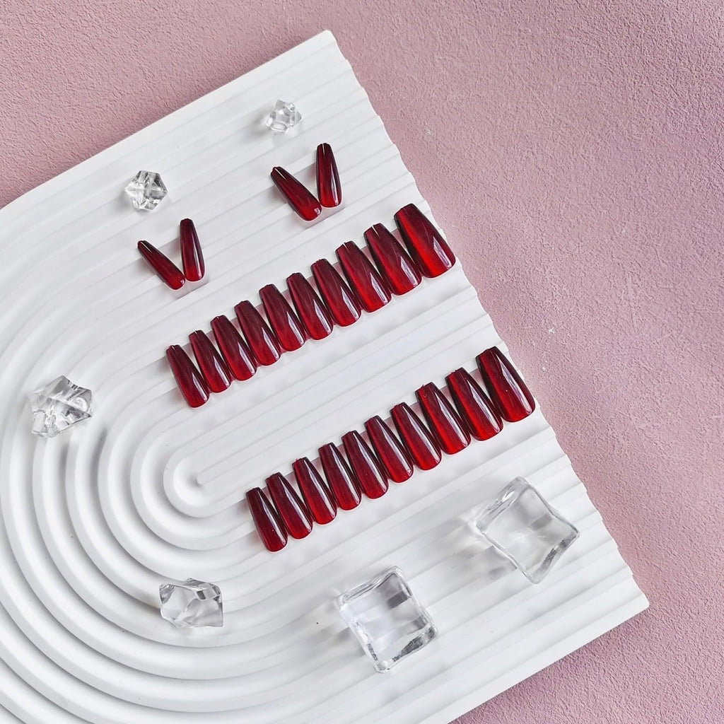 KQueenest Cat Eye Red Press On Nails Long Square, Glitter Burgundy Red Fake Nails Press Ons Extra Long Coffin, Sparkly Bling Soft Gel Glue on Nails For Women Birthday Party Decoration, 30 Pcs