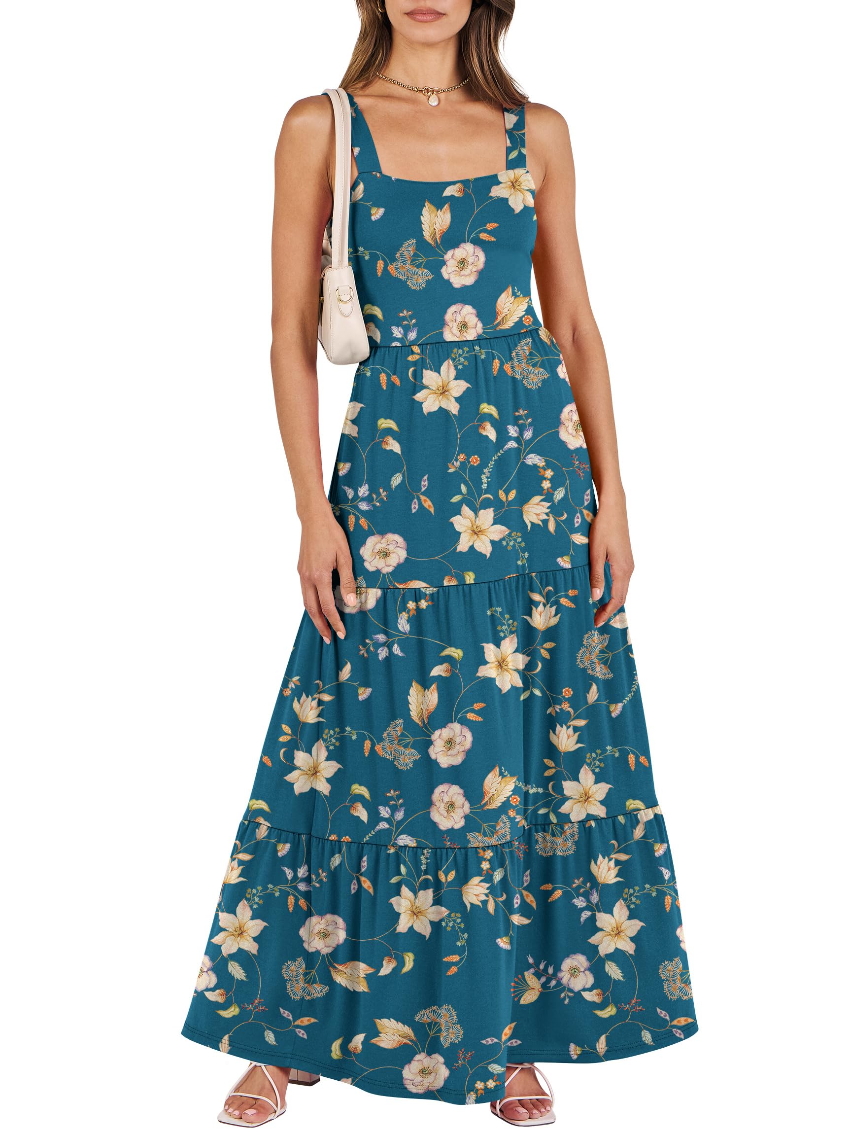 ANRABESS Women's Summer Casual Long Maxi Beach Vacation Dresses Sleeveless Square Neck Flowy Tiered Sun Dress with Pockets
