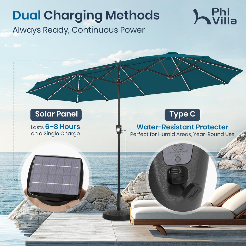 PHI VILLA 13ft Patio Umbrella with Solar-Powered 120 PCS LED Color-Changing Lights, Triple-Head Large Rectangle Umbrella Outdoor Patio for Table with Crank Lift,Beige(No Base)