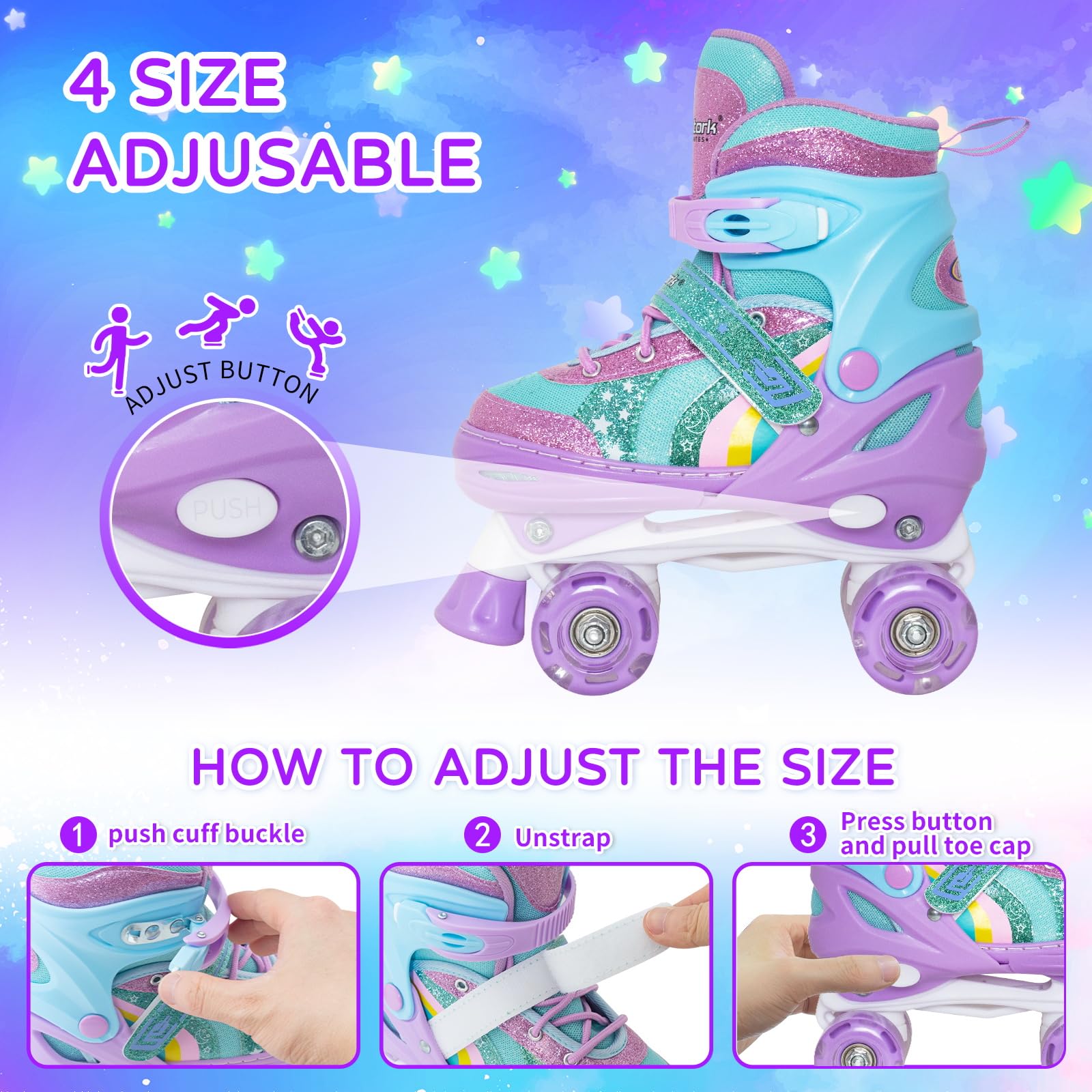 Nattork Girls Roller Skates for Kids, 4 Size Adjustable Rainbow Quad Skates with All Light Up Wheels - Best Birthday Gift for Outdoor Sports