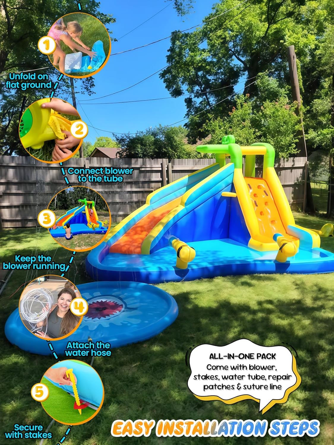 ROOJER Crocodile Inflatable Water Slide for Kids Backyard 8-in-1 Blow Up Wet & Dry Bounce House Water Park with Blower, Splash Pool, Climbing Wall, Double Cannons for Indoor Outdoor Party Fun Ages 3-8