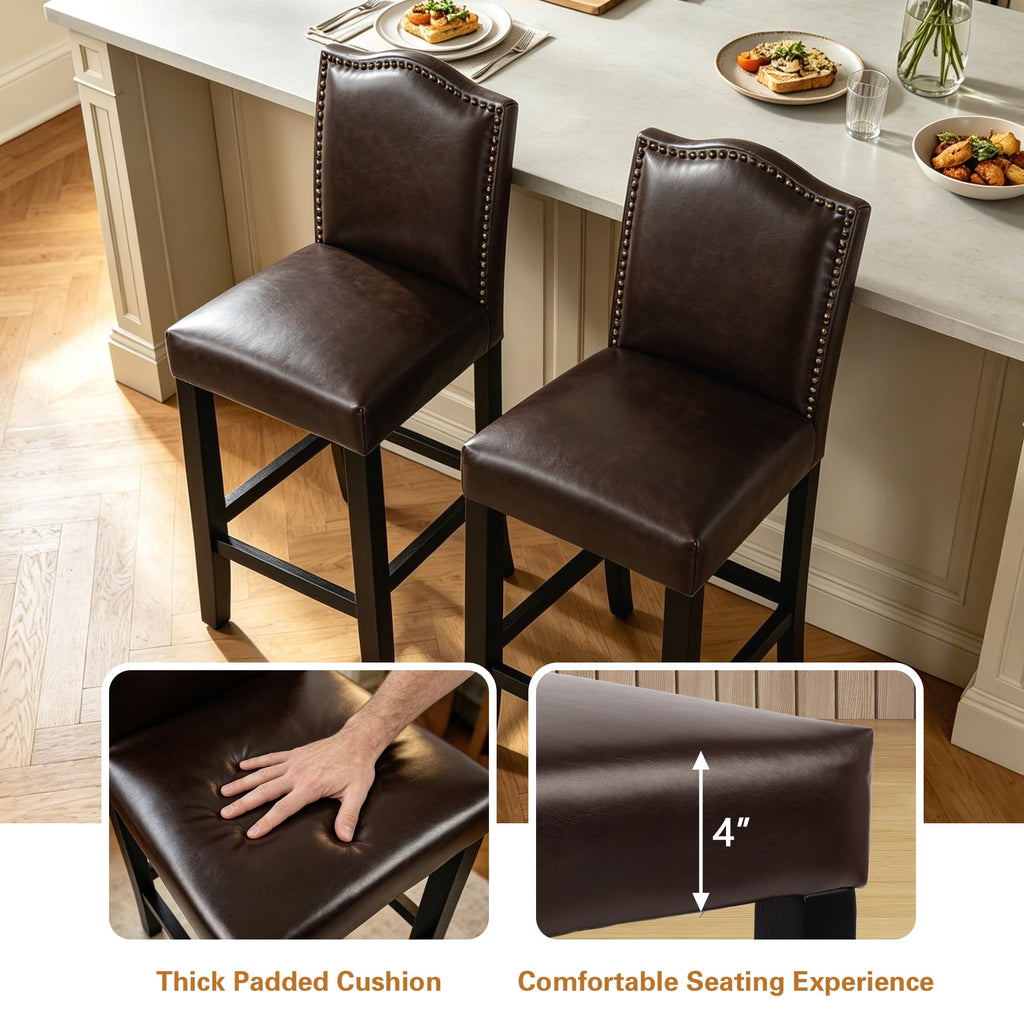LSSPAID Counter Height Bar Stools Set of 2, 24.8 Inch Modern Upholstered Fabric Barstools, Kitchen Island Chairs with Bronze Nail Backrest and Solid Wood Legs for Kitchen Pub Home Cafe, Beige