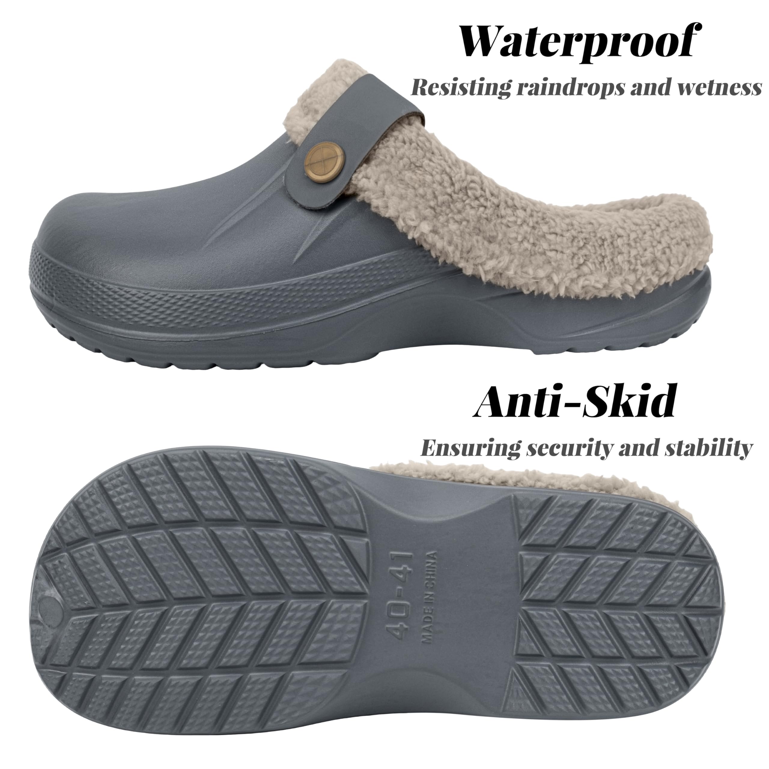 ChayChax Women and Men Fur Lined Clogs Memory Foam Warm Fuzzy Slippers Winter Waterproof Indoor Outdoor Slipper